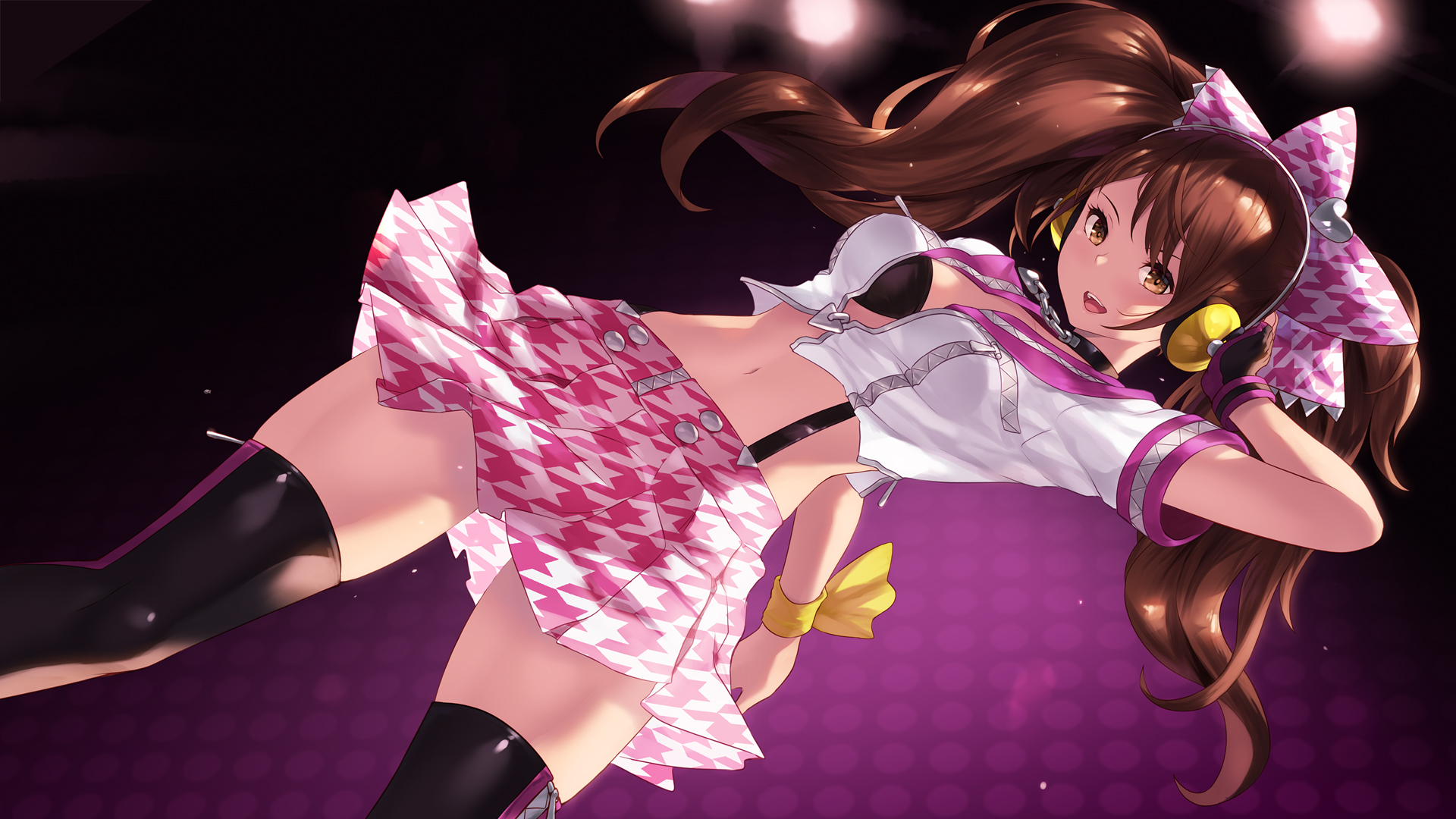 Anime 1920x1080 anime anime girls simple background Persona 4 Persona 4 Golden Kujikawa Rise black thigh-highs thighs thigh-highs brunette twintails brown eyes headphones Cait Aron Persona series
