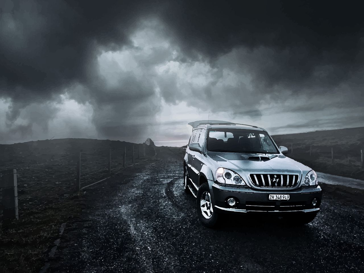 General 1280x959 4x4 car storm rain high contrast clouds photoshopped photo manipulation vehicle numbers silver cars outdoors Hyundai Korean cars offroad