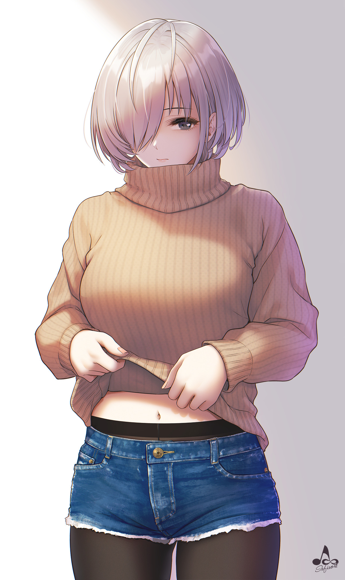 Anime 1200x2019 anime anime girls simple background black pantyhose pantyhose short pants belly button short hair portrait display infinote jean shorts short shorts sweater silver hair gray eyes