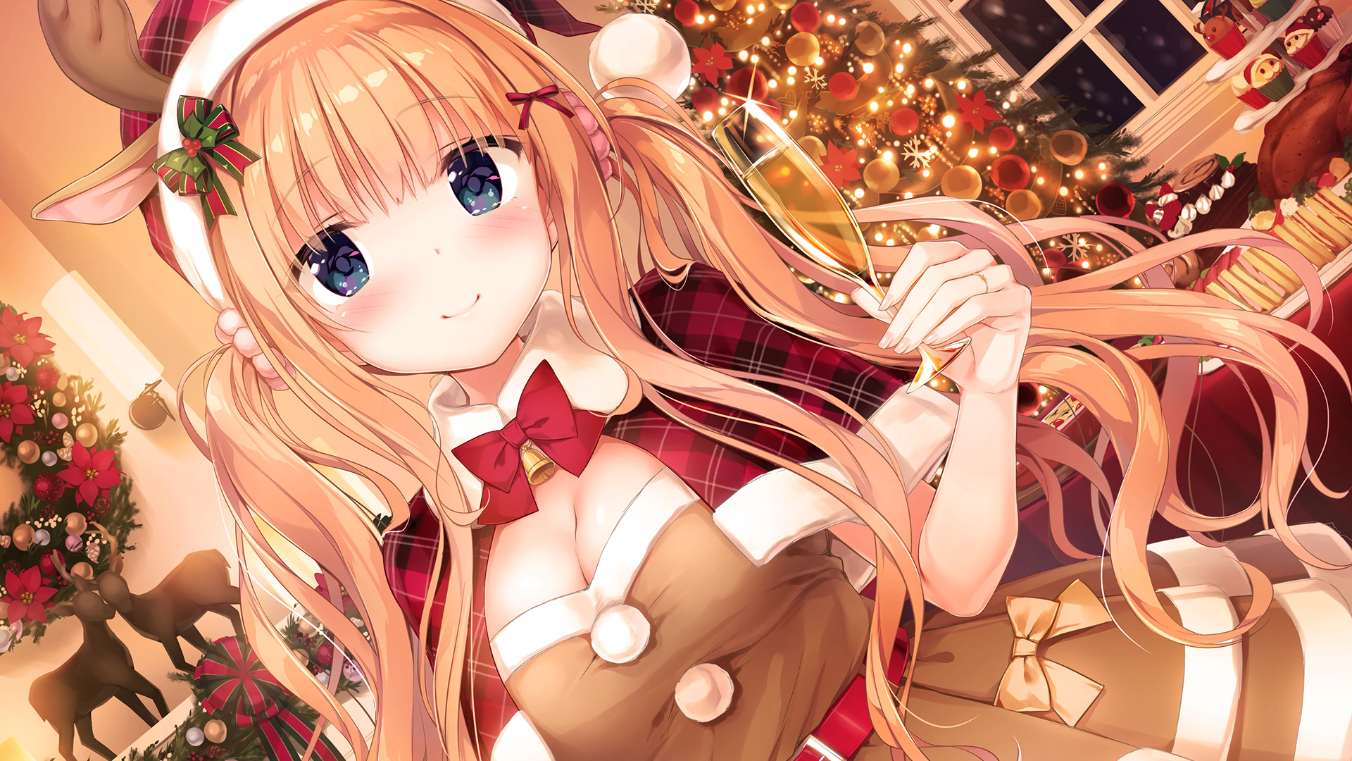 Anime 1920x1080 anime girls anime cleavage smiling blonde Santa girl Christmas food Kimishima Ao