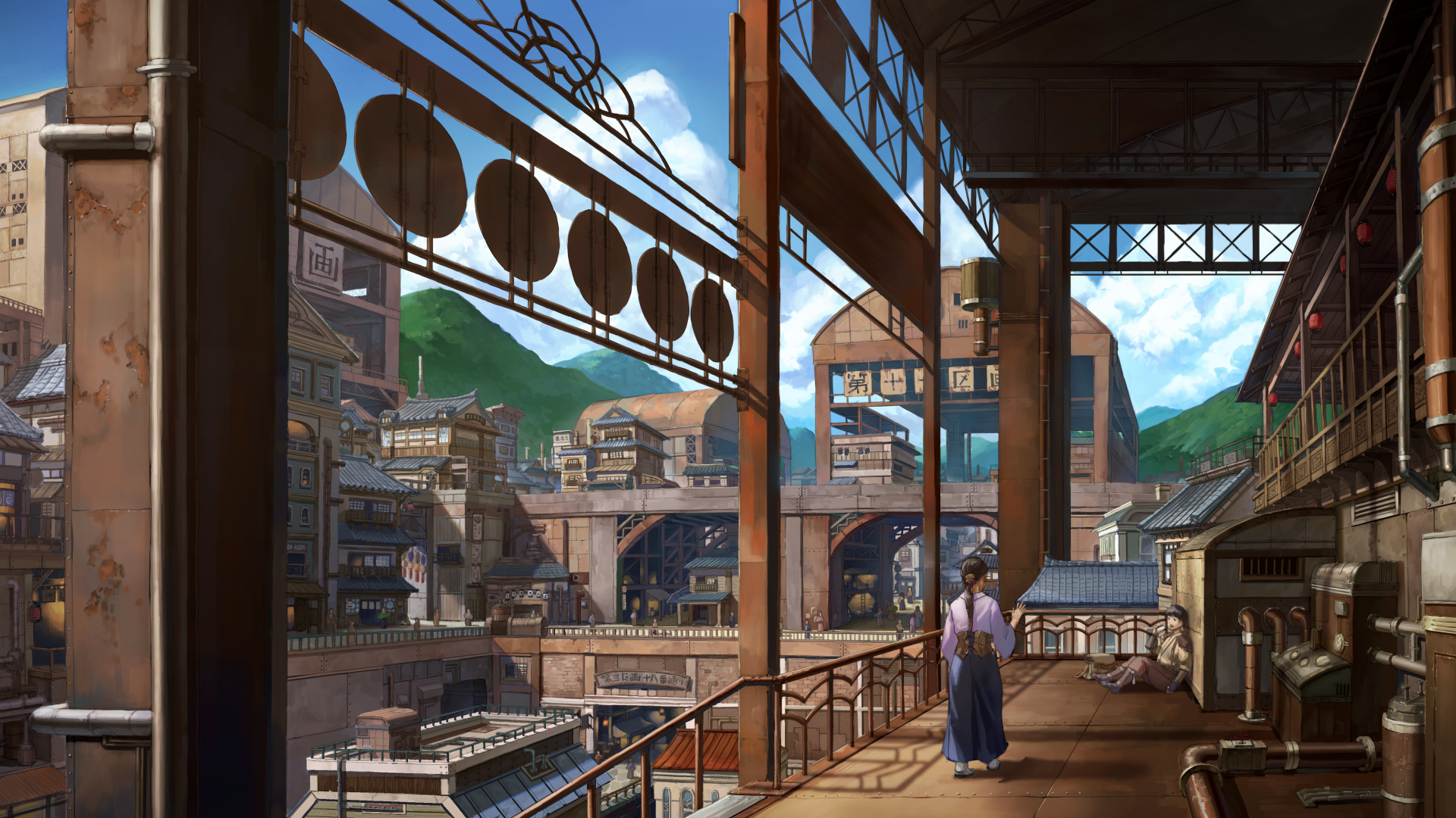 Anime 1920x1080 steampunk stairs clouds ponytail outdoors