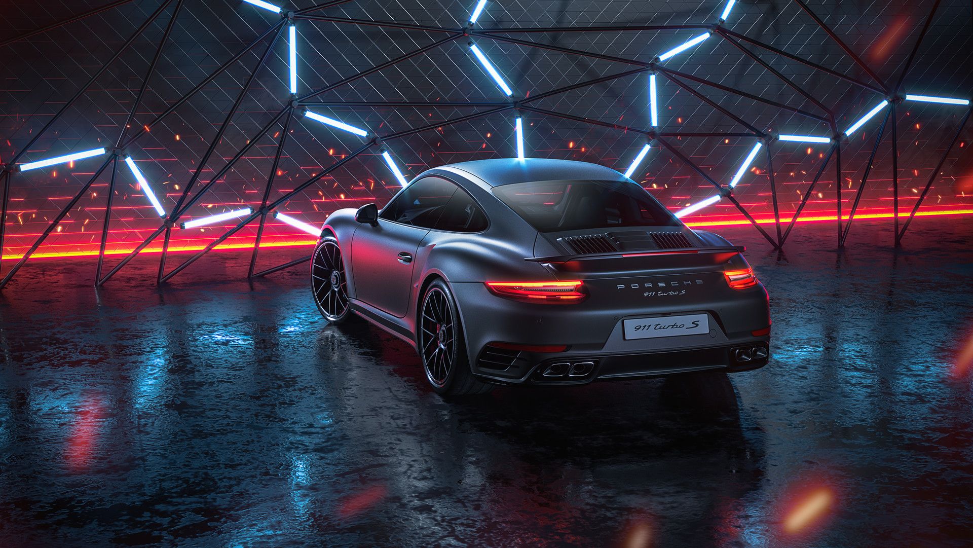 General 1920x1081 car vehicle lights garage reflection Chill Out Porsche 911 GT3 R colored wheels CGI