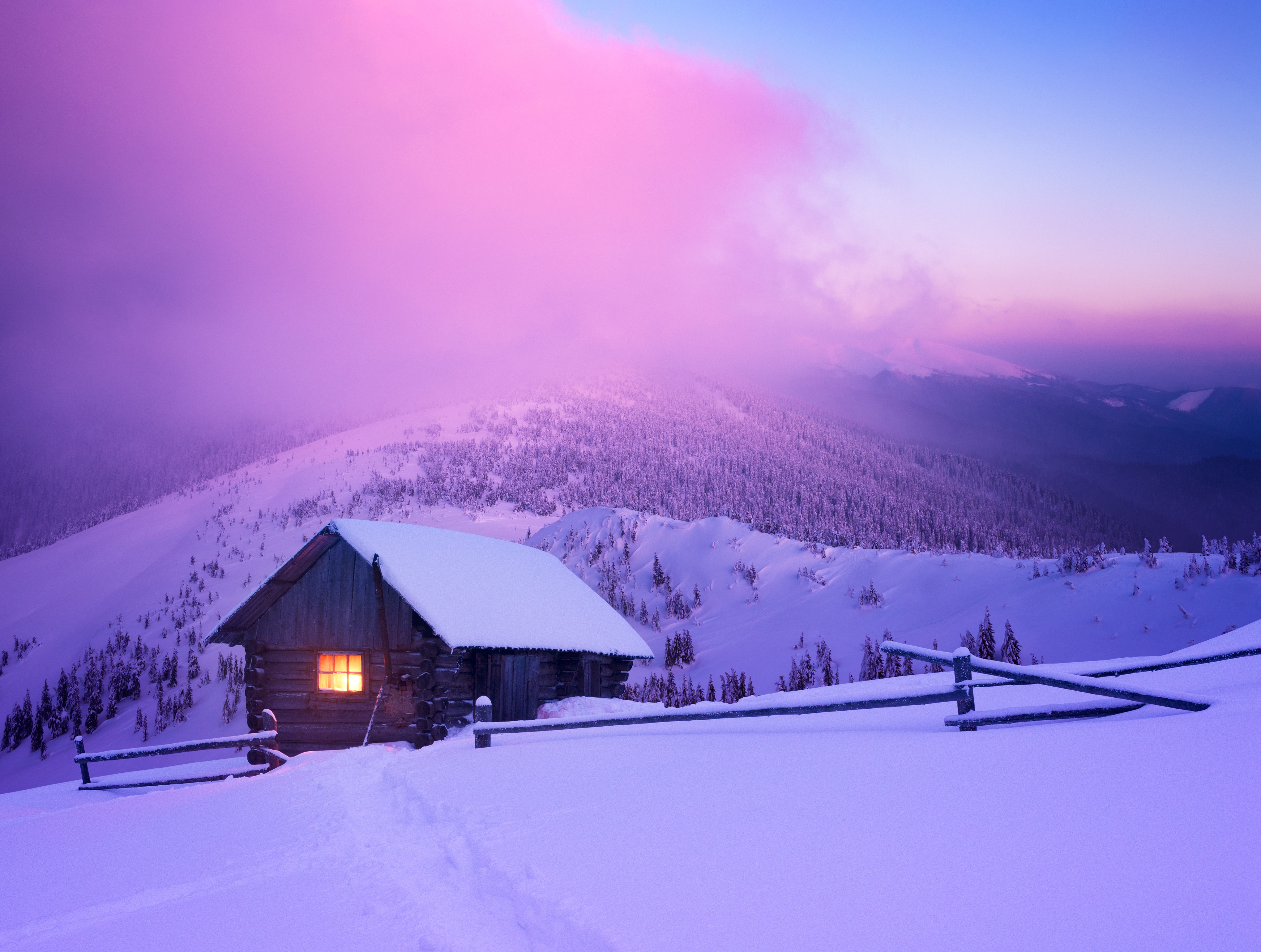 General 4633x3500 winter snow house mountains forest fence lights sunset sky clouds nature landscape cabin