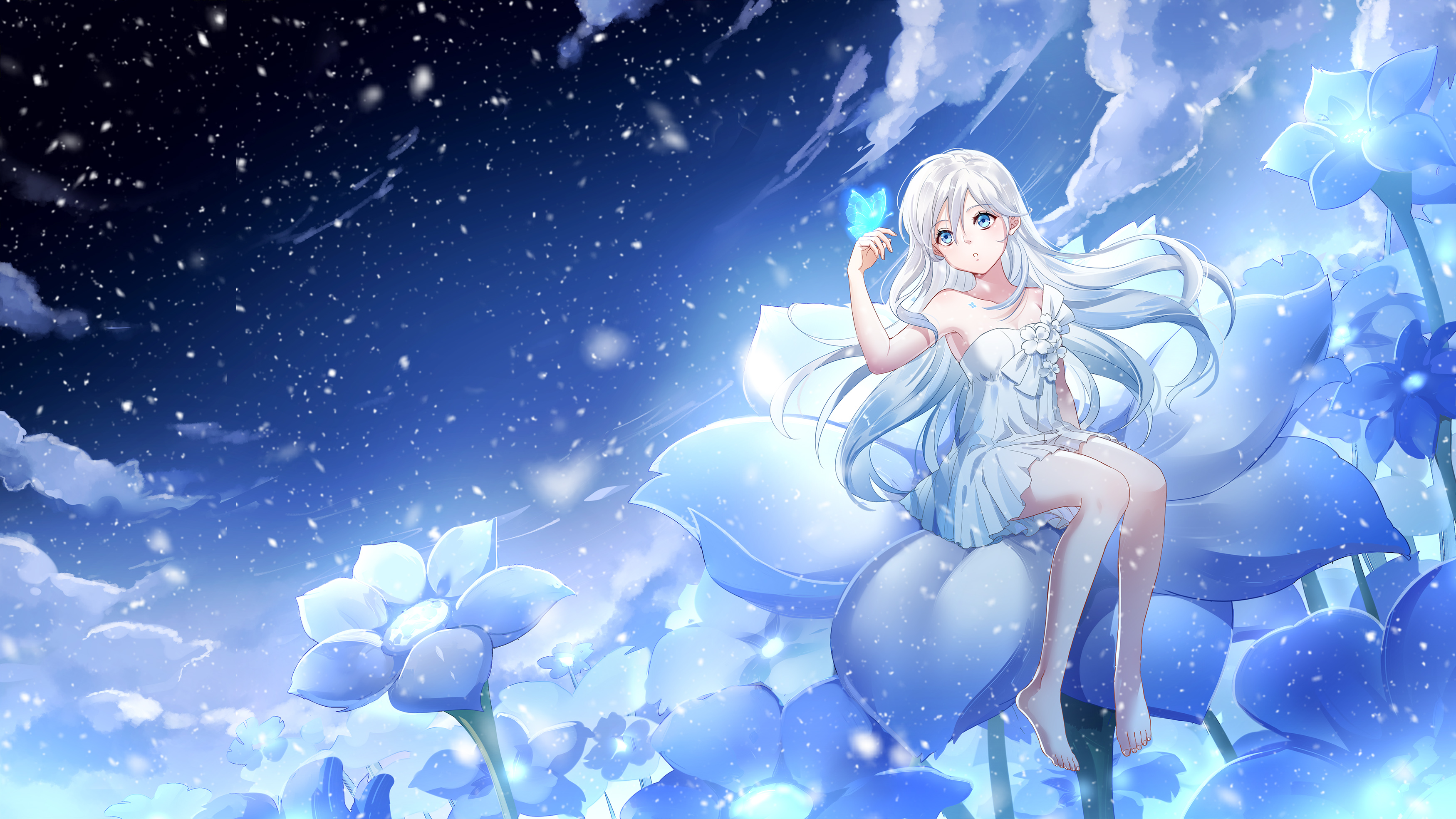 Anime 3500x1968 anime anime girls silver hair blue eyes long hair dress barefoot flowers