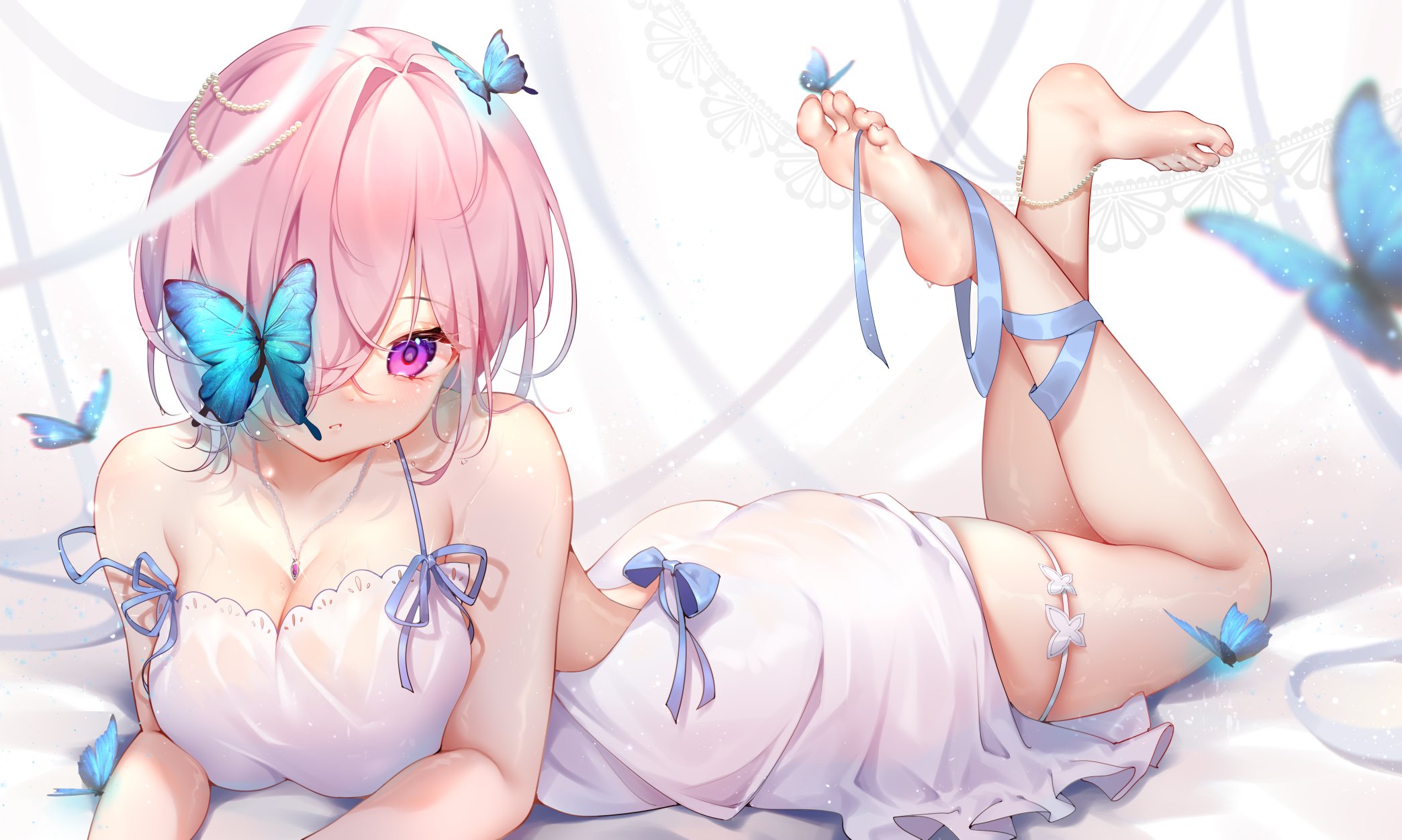 Anime 2088x1252 anime anime girls Fate/Grand Order Fate series Mash Kyrielight pink hair purple eyes dress feet feet in the air lying on front big boobs butterfly