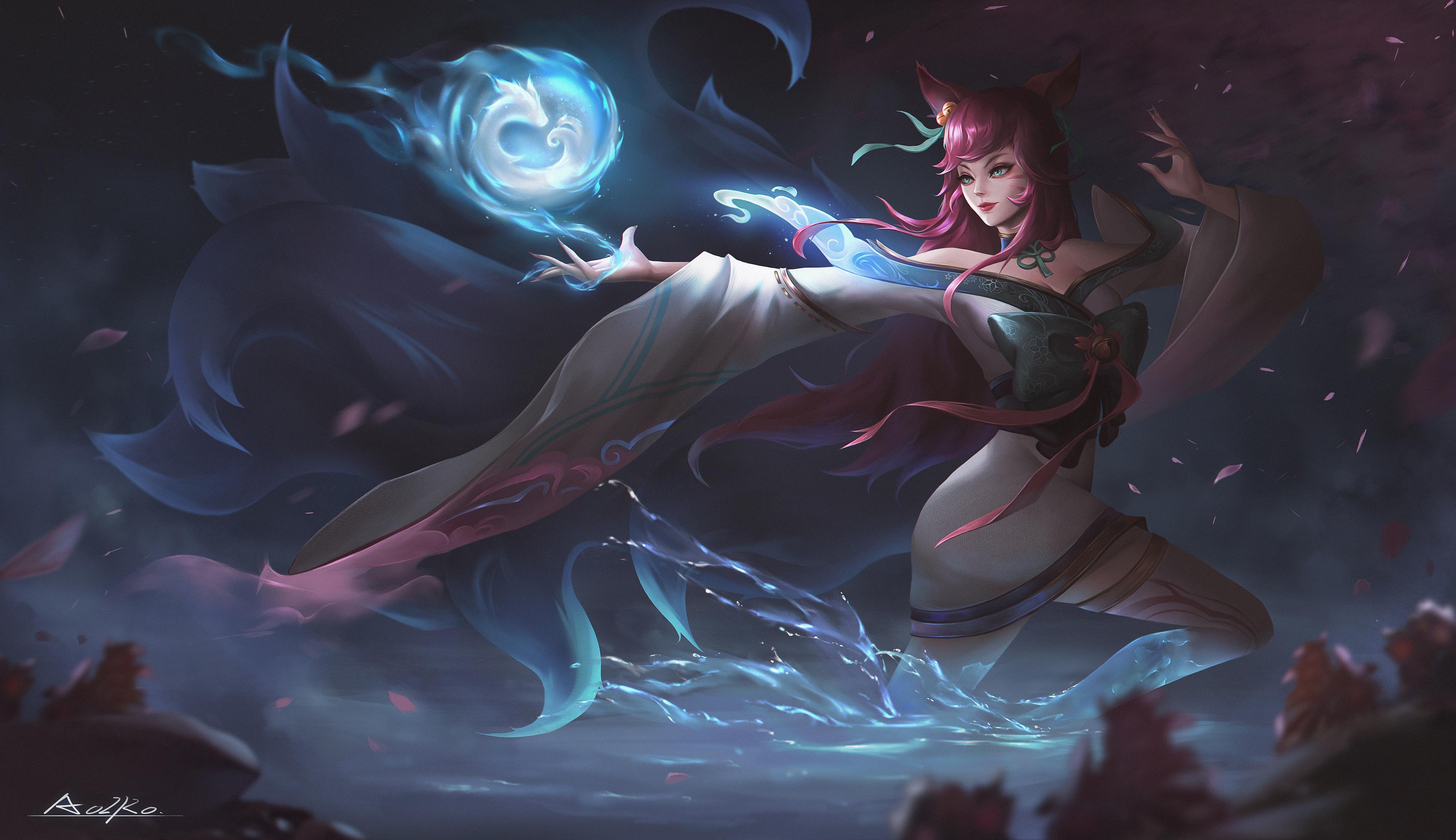 Anime 3840x2215 League of Legends Ahri (League of Legends) Riot Games artwork fantasy girl PC gaming watermarked video game girls fantasy art video game art video game characters