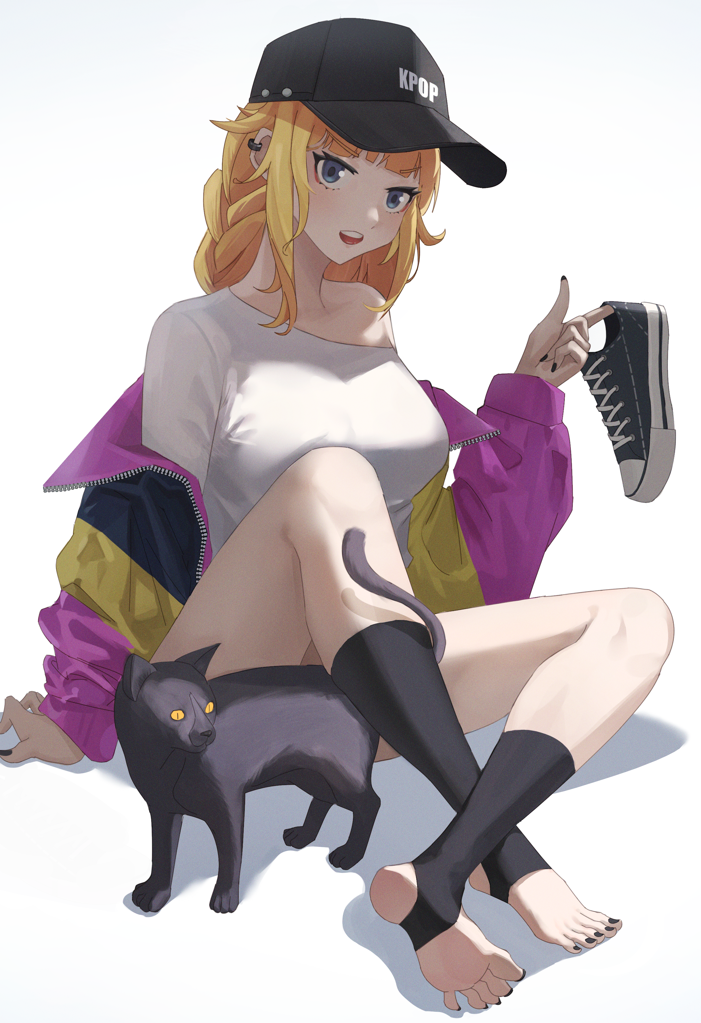 Anime 2437x3556 anime anime girls Paripi Koumei Tsukimi Eiko long hair braids blonde fan art women with hats cats animals mammals painted toenails white background boobs big boobs open mouth sitting legs shoes black nails painted nails looking at viewer pierced ear simple background