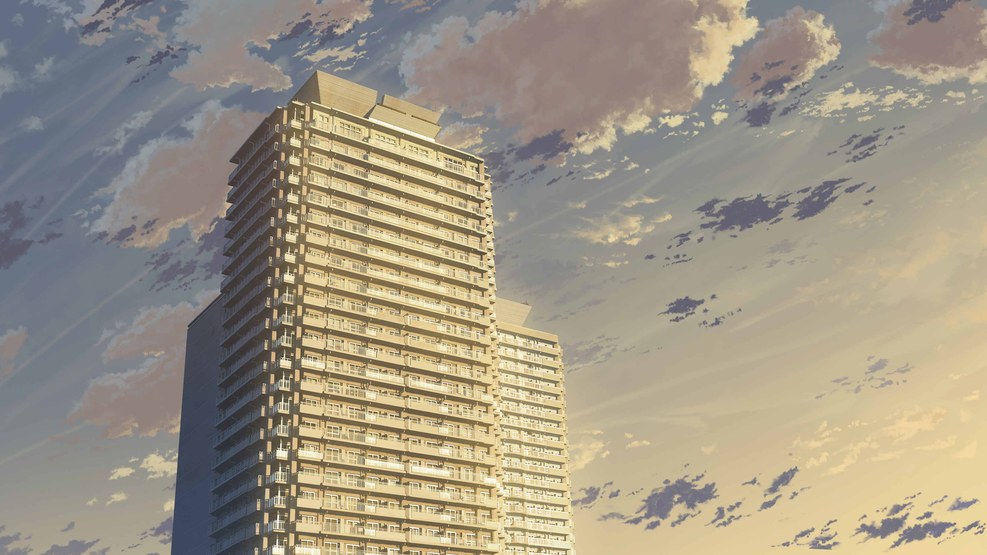 Anime 3264x1836 skyscraper clouds sky artwork