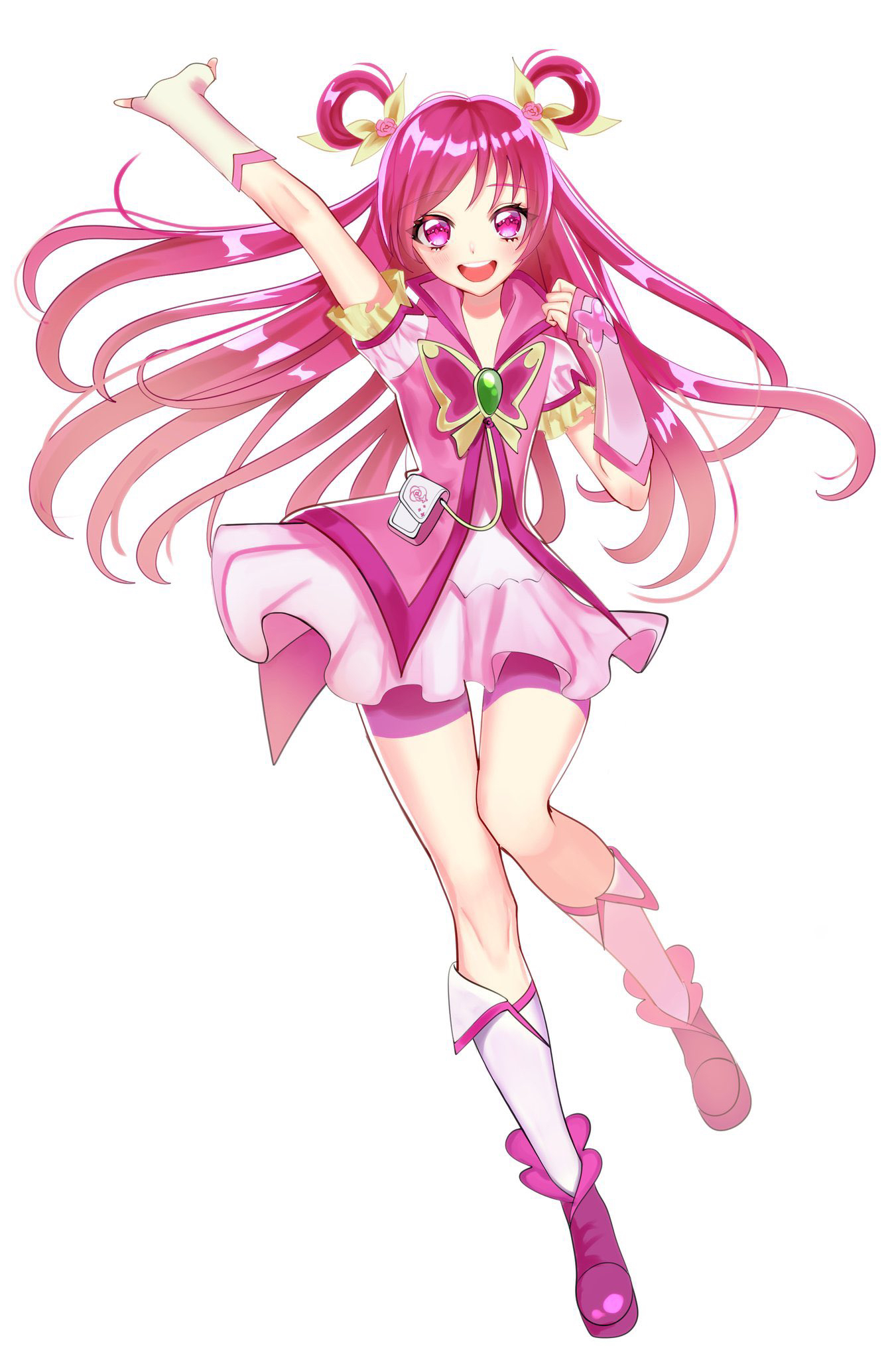 Anime 1351x2048 anime anime girls magical girls Pretty Cure Yes! Pretty Cure 5 Cure Dream Yumehara Nozomi long hair pink hair artwork fan art simple background one arm up legs pink clothing open mouth