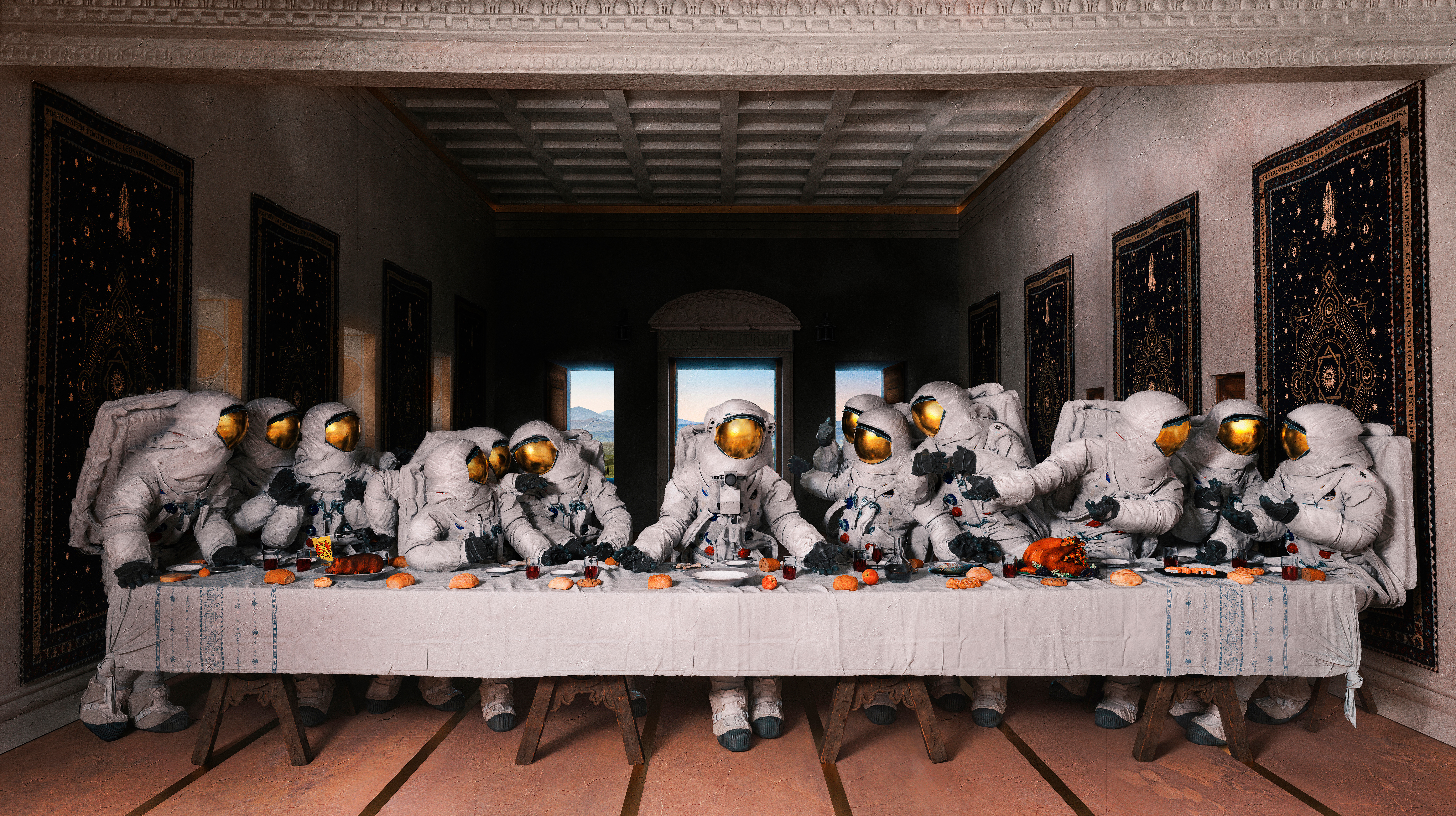 General 7000x3923 The Last Supper fan art digital art artwork astronaut illustration painting digital painting space spacesuit parody table interior indoors environment