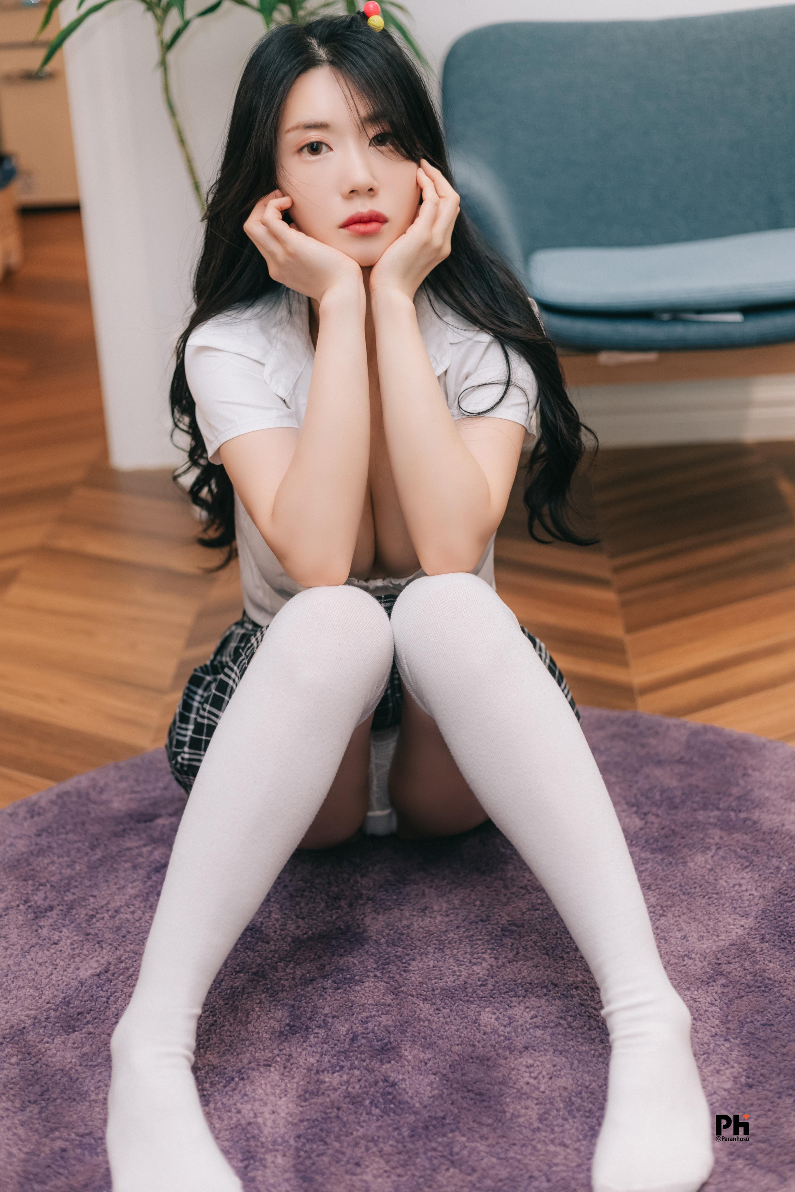 People 2560x3840 Sia (Paranhosu) model Asian cosplay school uniform shirt miniskirt knee high socks underwear panties cleavage upskirt indoors women indoors ass