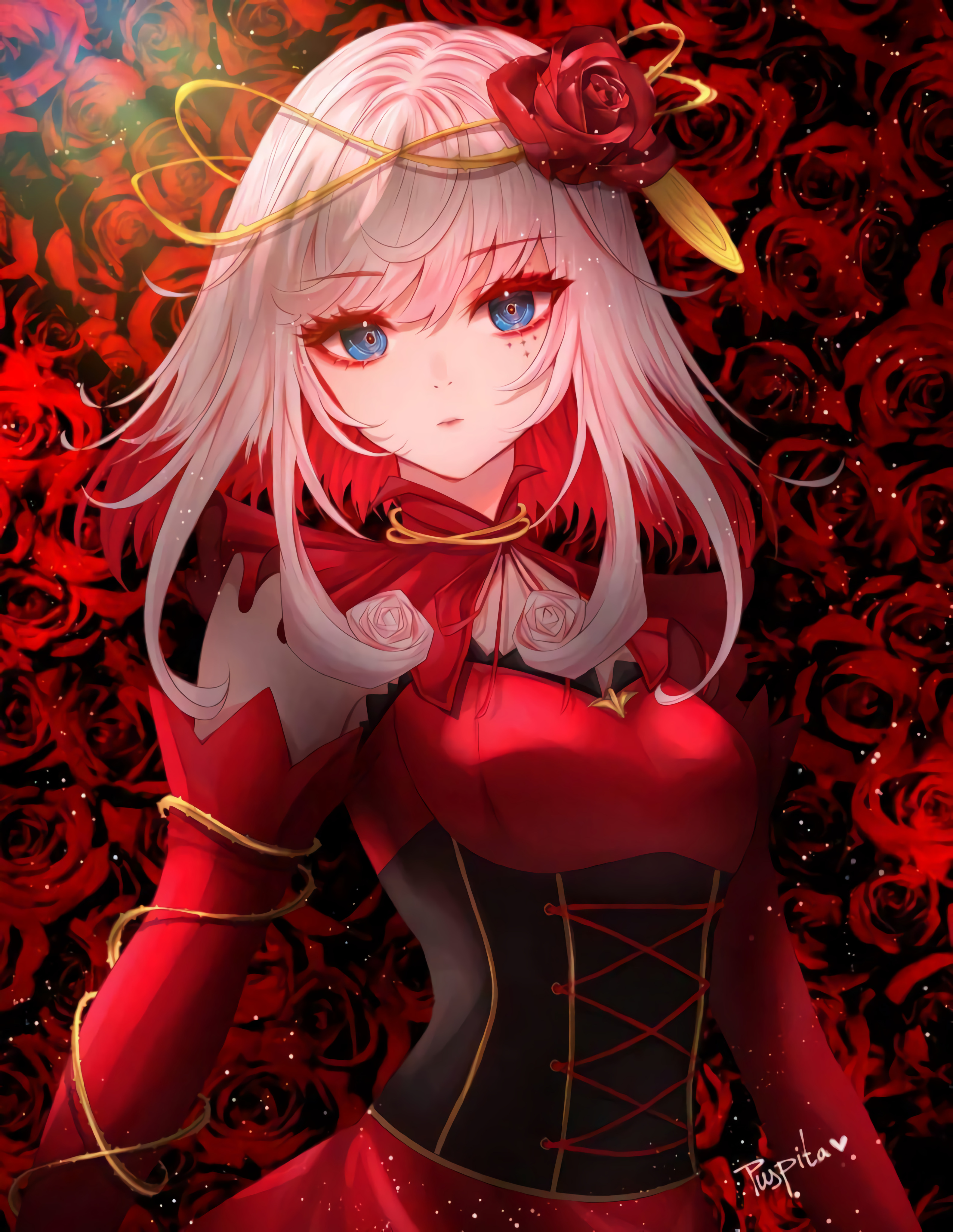Anime 3168x4096 Takt Op. Destiny anime girls anime blue eyes red red background red dress portrait display rose Cosette