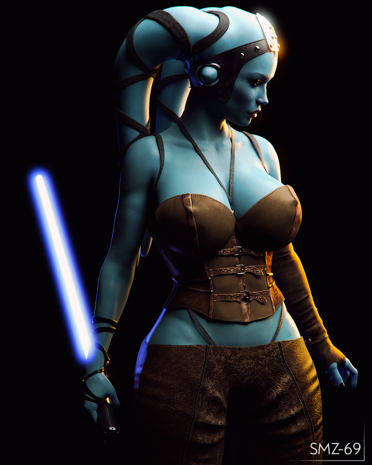 General 1200x1500 Star Wars Twi'lek blue skin Aayla Secura (Star Wars) lightsaber leather armor corset Smz-69