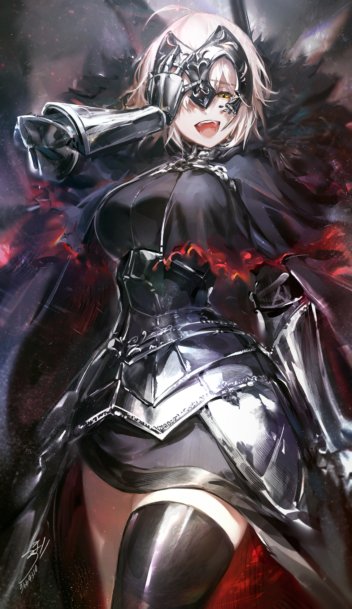 Anime 1137x1963 anime anime girls Hoojiro Fate series Fate/Grand Order Jeanne d'Arc (Fate) Jeanne (Alter) (Fate/Grand Order) silver hair short hair yellow eyes open mouth armor dress
