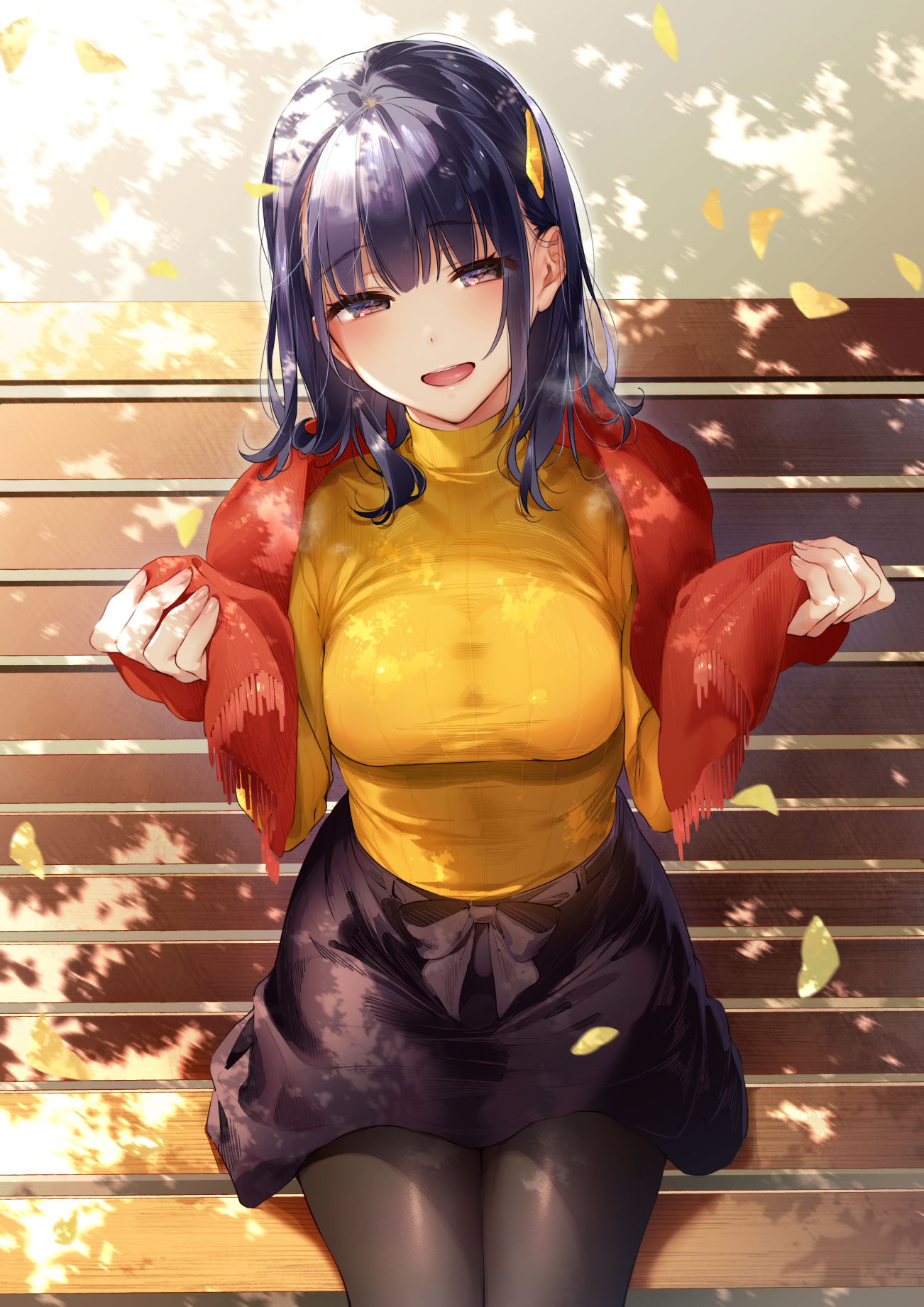 Anime 1302x1842 anime anime girls Hizuki Akira high angle bench fall leaves dark hair open mouth sweater skirt scarf pantyhose frontal view smiling looking at viewer women outdoors outdoors fallen leaves