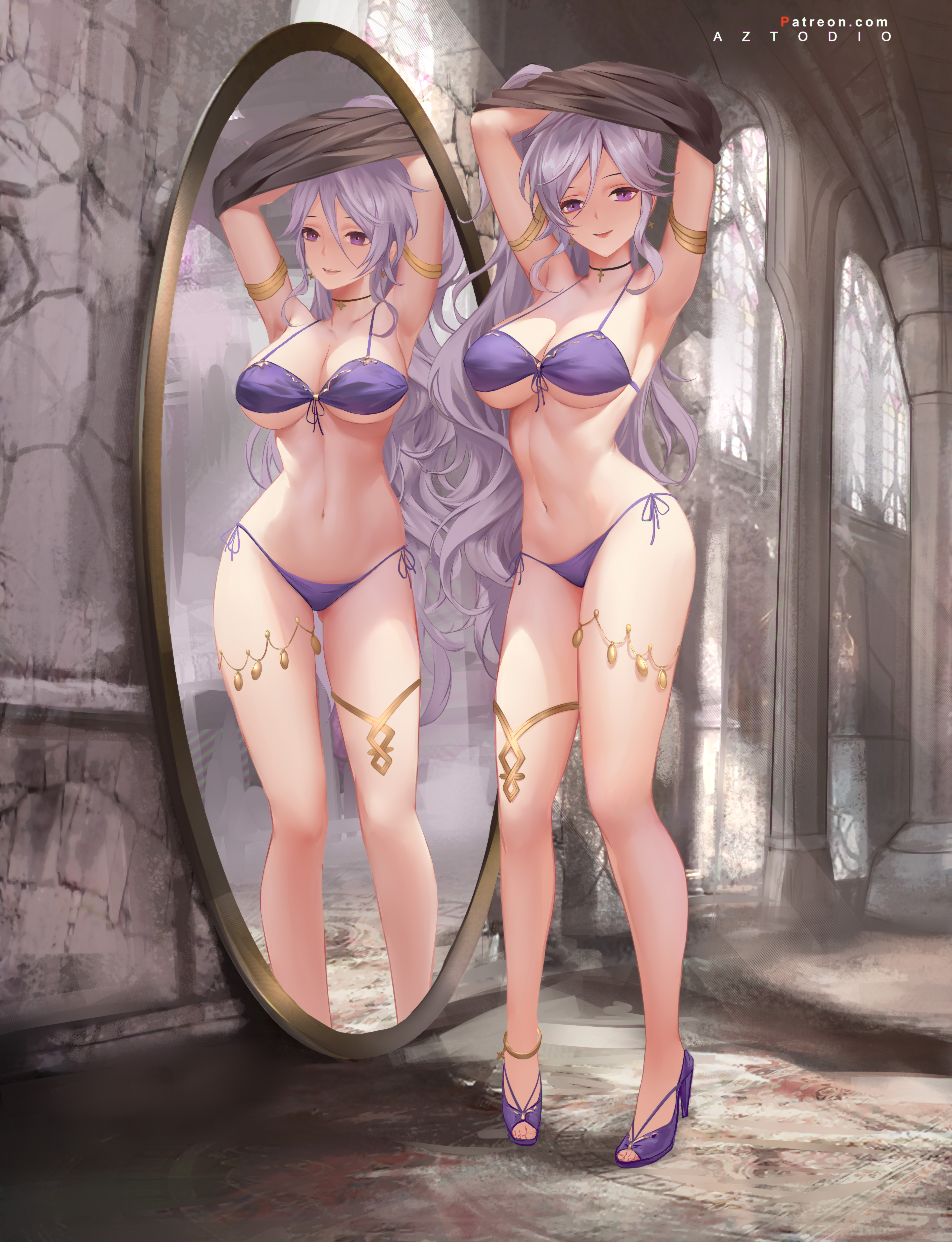 Anime 4895x6384 anime girls Fire Emblem Ishtar (Fite Emblem) Azto Dio mirror reflection purple bikini undressing bikini purple eyes purple hair big boobs
