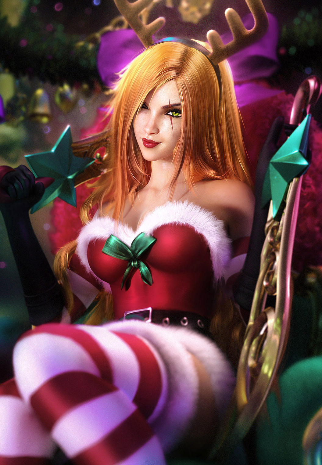 General 1056x1524 Santa costume Sevenbees League of Legends Katarina (League of Legends) striped stockings PC gaming video game girls video game characters long hair scars red lipstick looking at viewer women stockings