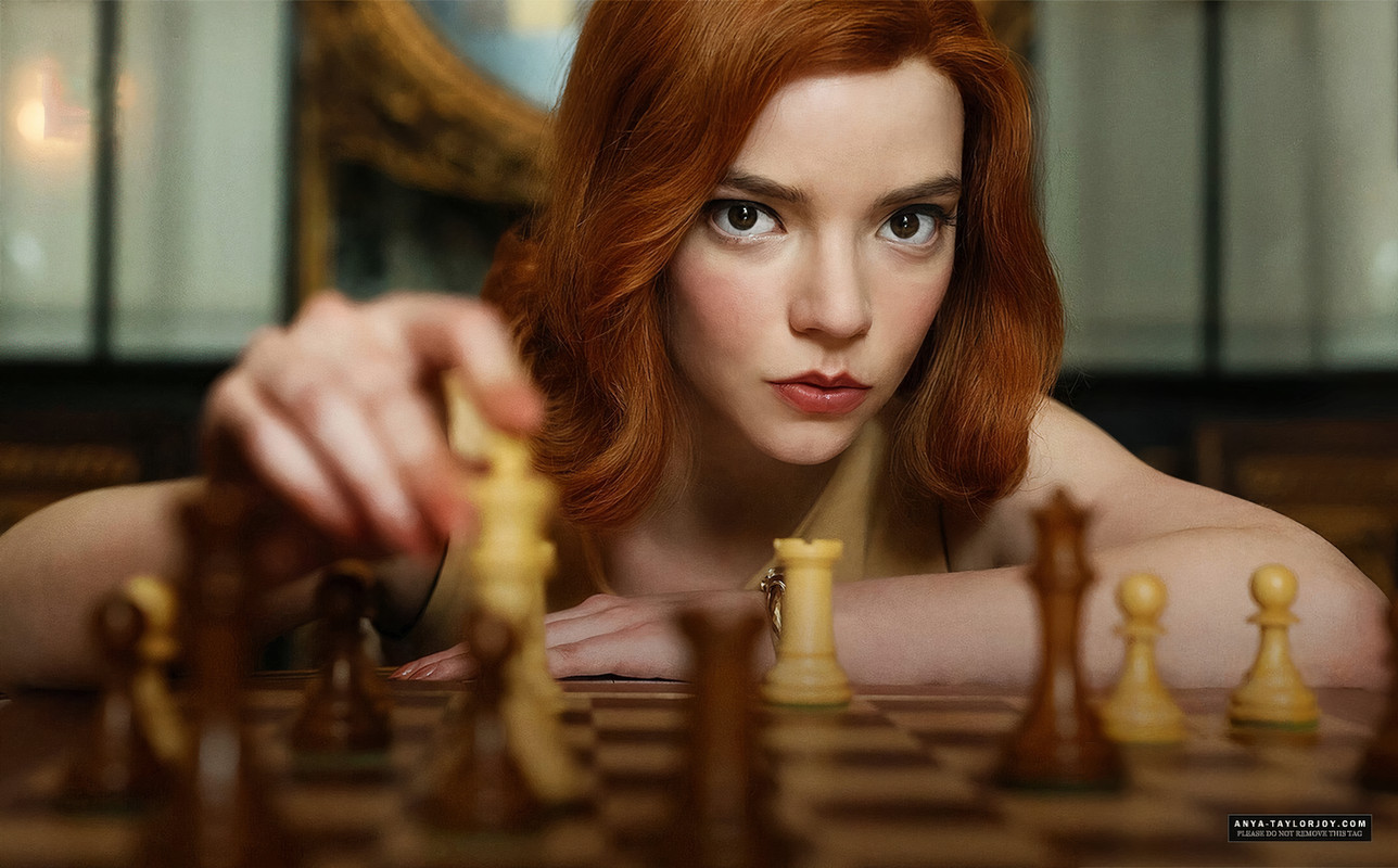 People 1288x800 Anya Taylor-Joy  women actress redhead chess The Queen's Gambit TV series looking at viewer face red lipstick board games watermarked closeup film stills