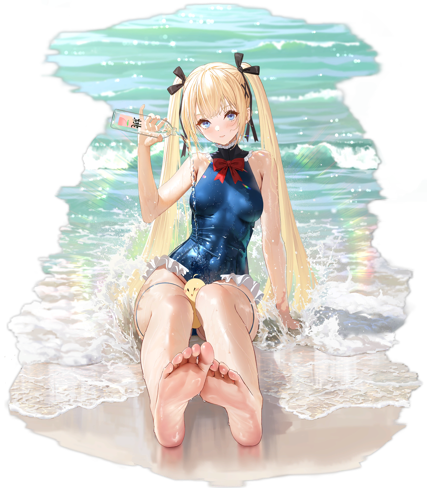 Anime 1792x2048 anime girls Dead or Alive Manjuu (Azur Lane) swimwear Azur Lane beach water one-piece swimsuit feet twintails blue eyes wet Yunsang Marie Rose (Dead or Alive) video games video game girls video game characters video game warriors barefoot women outdoors bottles knees together blonde long hair