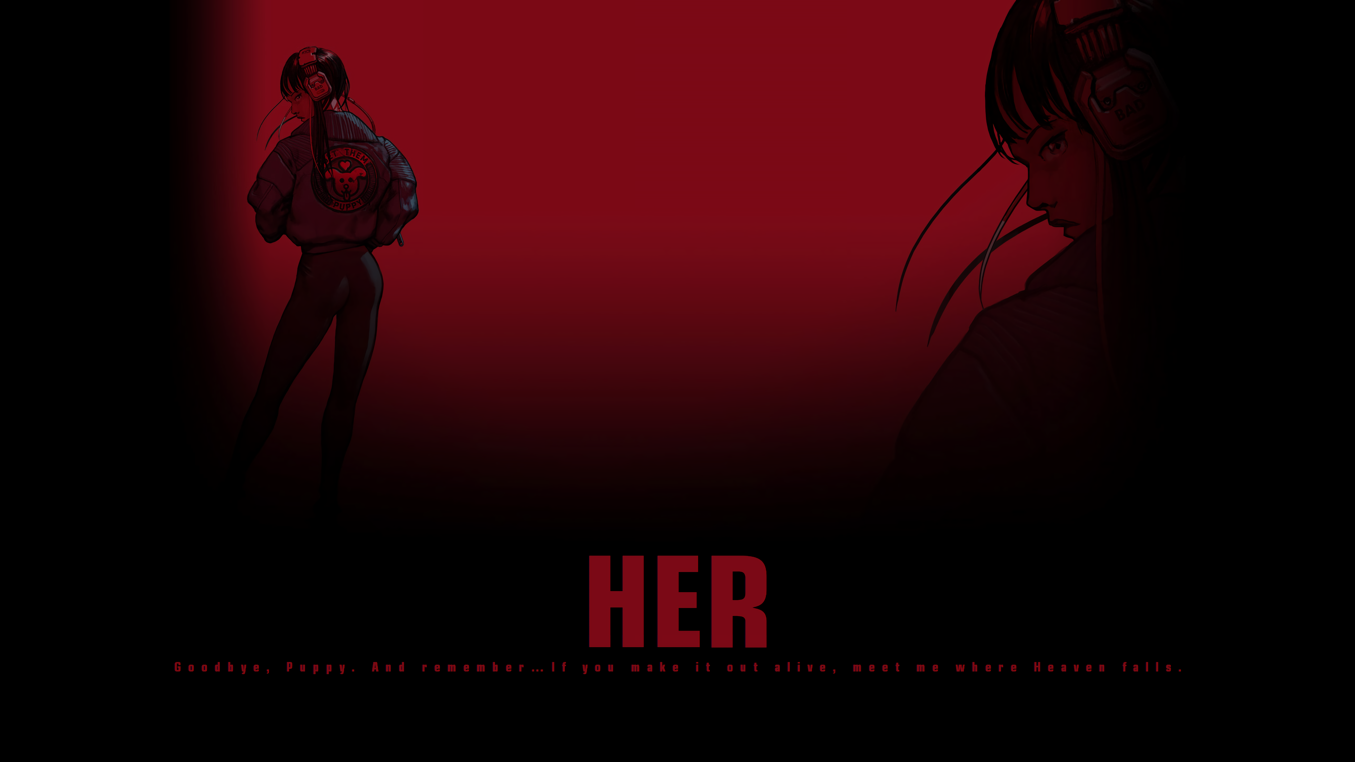 General 5120x2880 RUINER her women black red cyberpunk headphones digital art text