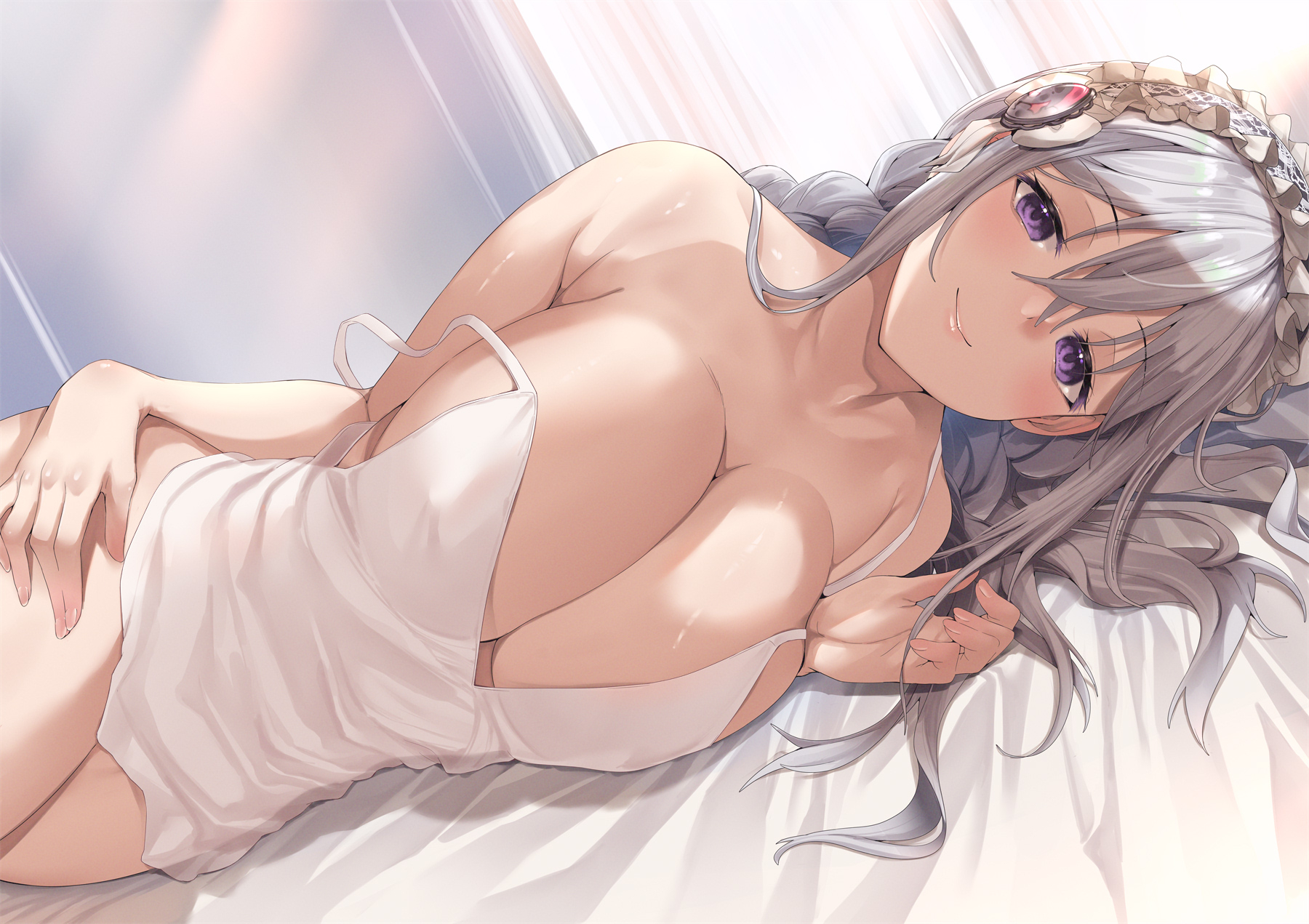 Anime 1800x1271 anime anime girls big boobs huge breasts boobs lying on side in bed gray hair purple eyes bottomless cleavage smiling artwork amasorataichi