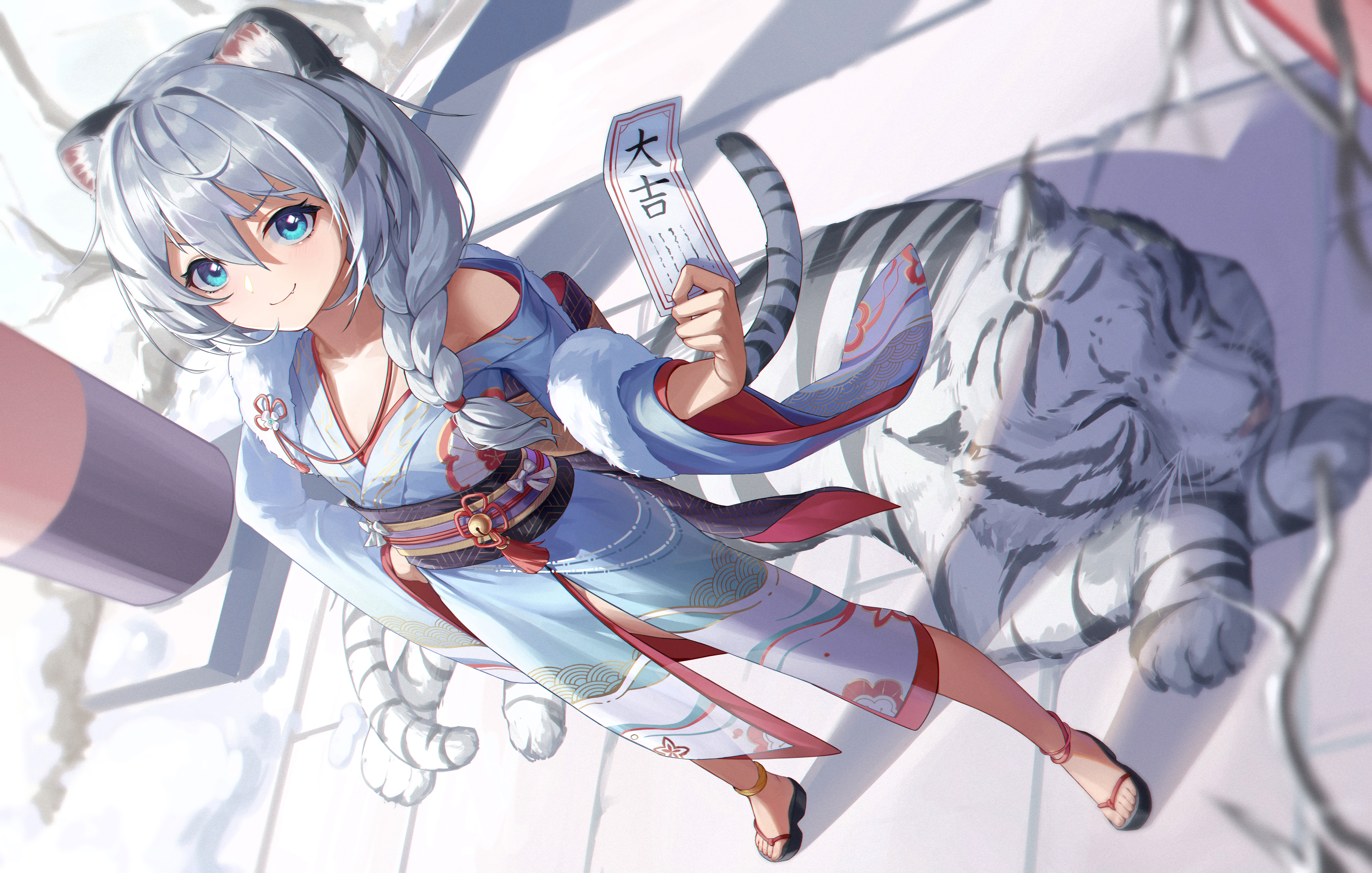 Anime 5056x3219 anime anime girls animal ears white hair tiger small boobs blue eyes Japanese clothes tiger year fangs