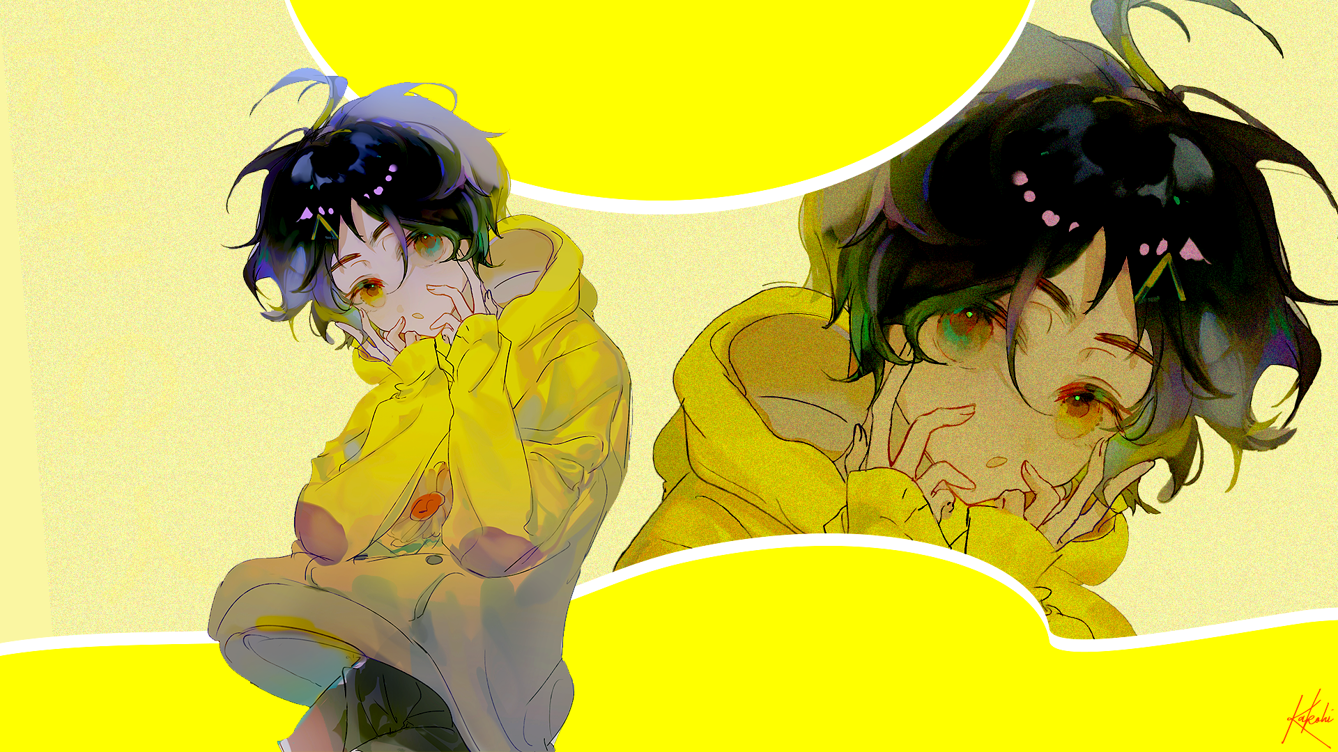 Anime 1920x1080 wonder egg priority Ai Ohto yellow yellow background short hair black hair sweater hand on face