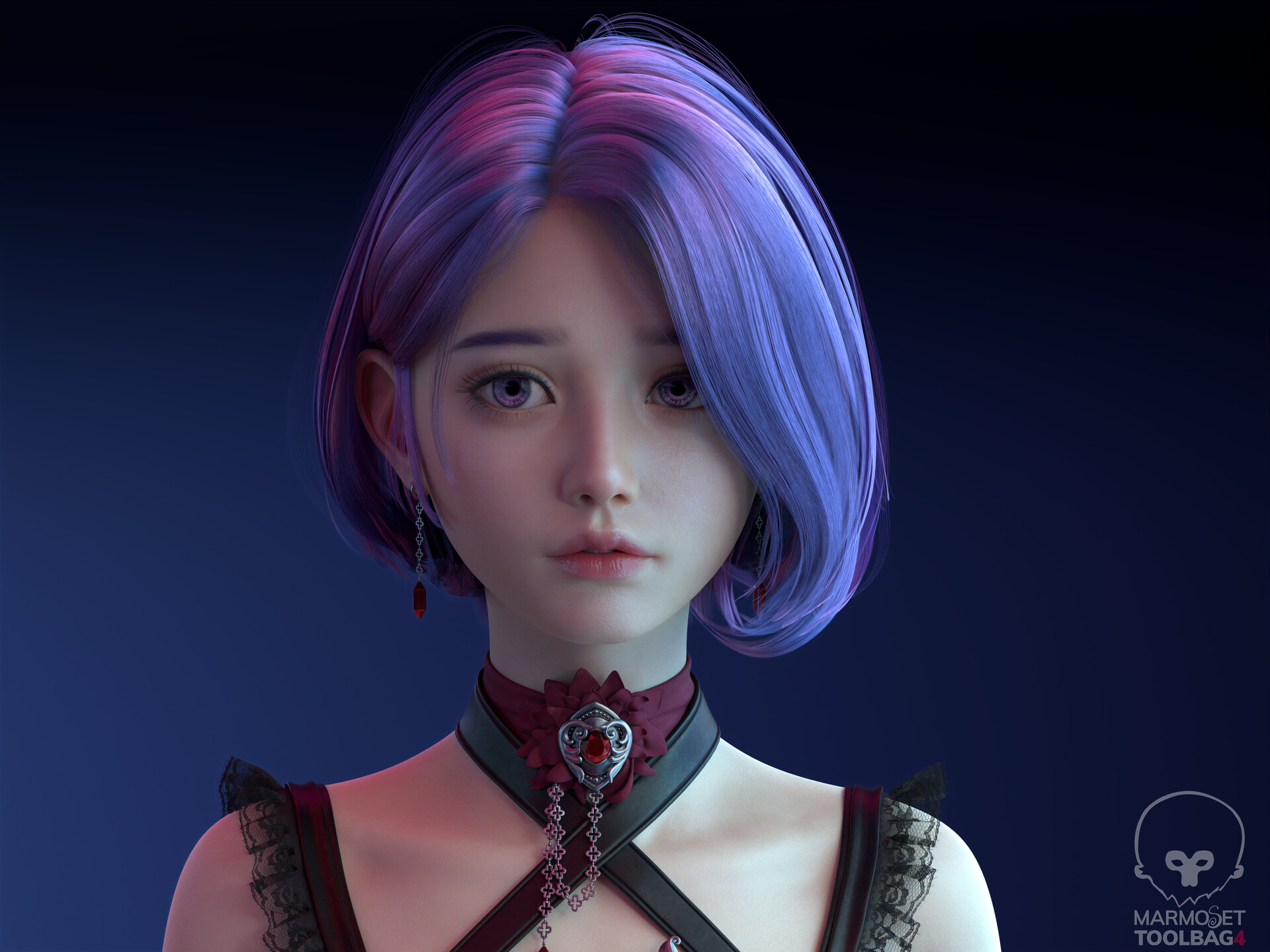 General 1920x1440 women short hair simple background blue background face Asian digital art long earrings