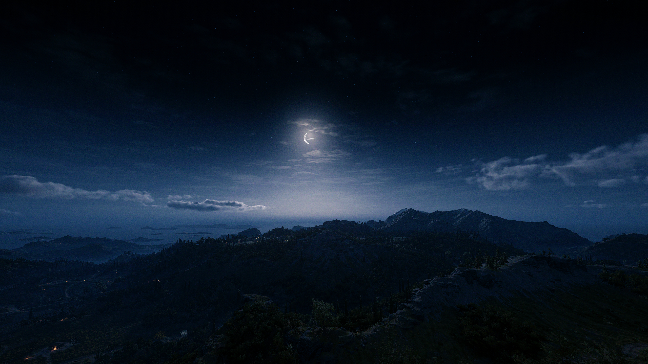 General 2560x1440 Assassin's Creed: Odyssey horizon night sky reshade PC gaming Ubisoft clouds landscape Moon trees mountains video games video game landscape