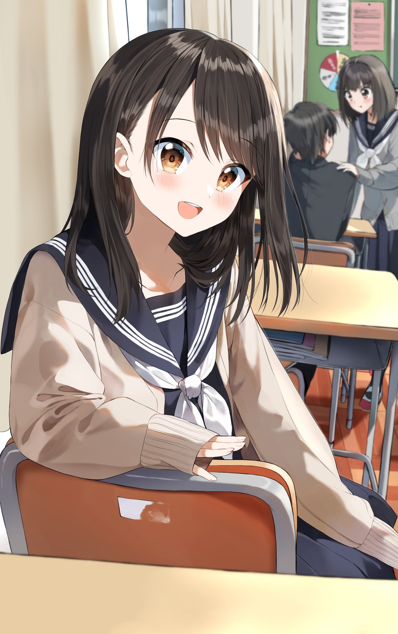 Anime 1286x2048 anime girls dark hair school uniform happy brown eyes classroom artwork RailgunKy