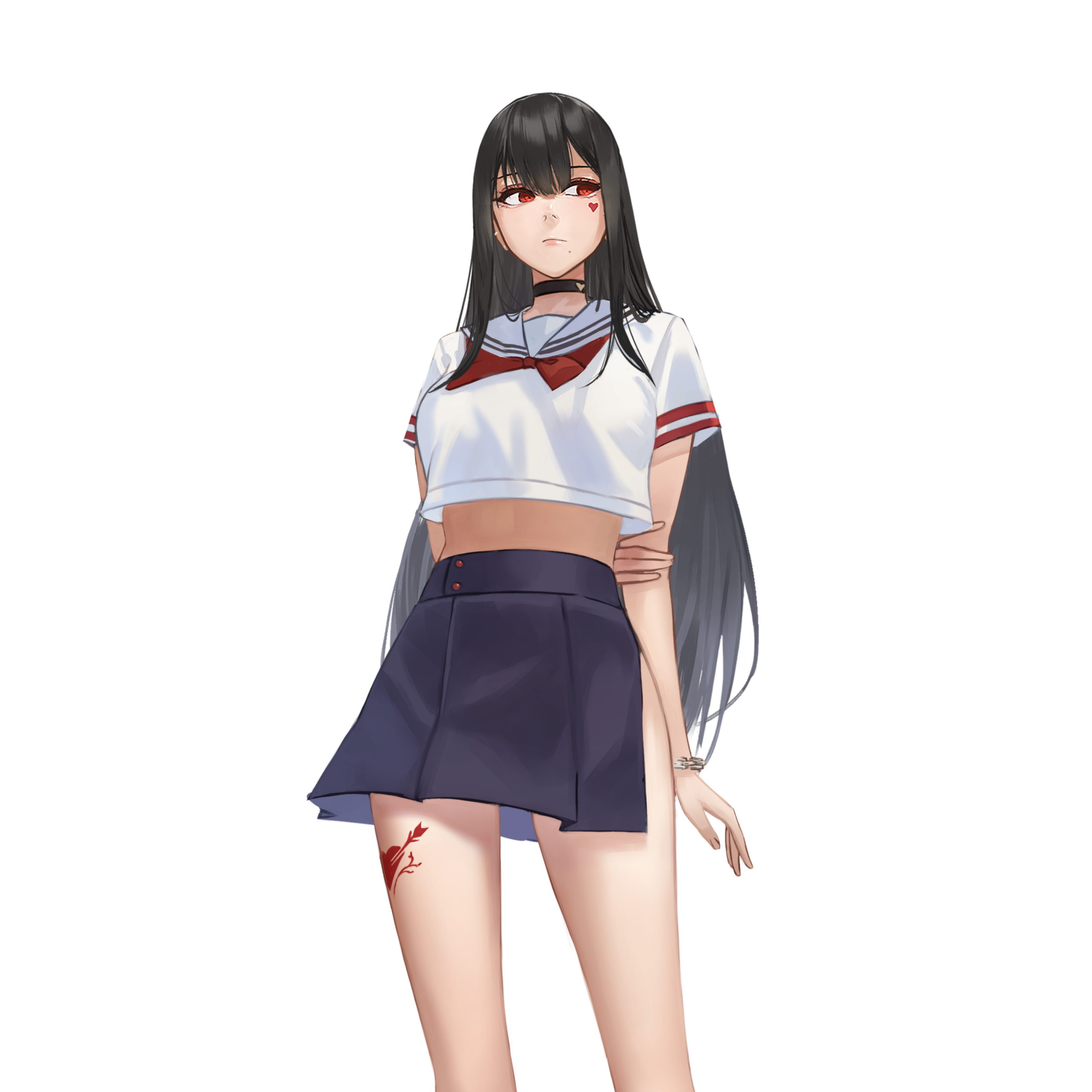 Anime 2560x2560 digital art skirt sailor uniform red eyes long hair tattoo bracelets black hair school uniform anime girls artwork Hara Kenshi