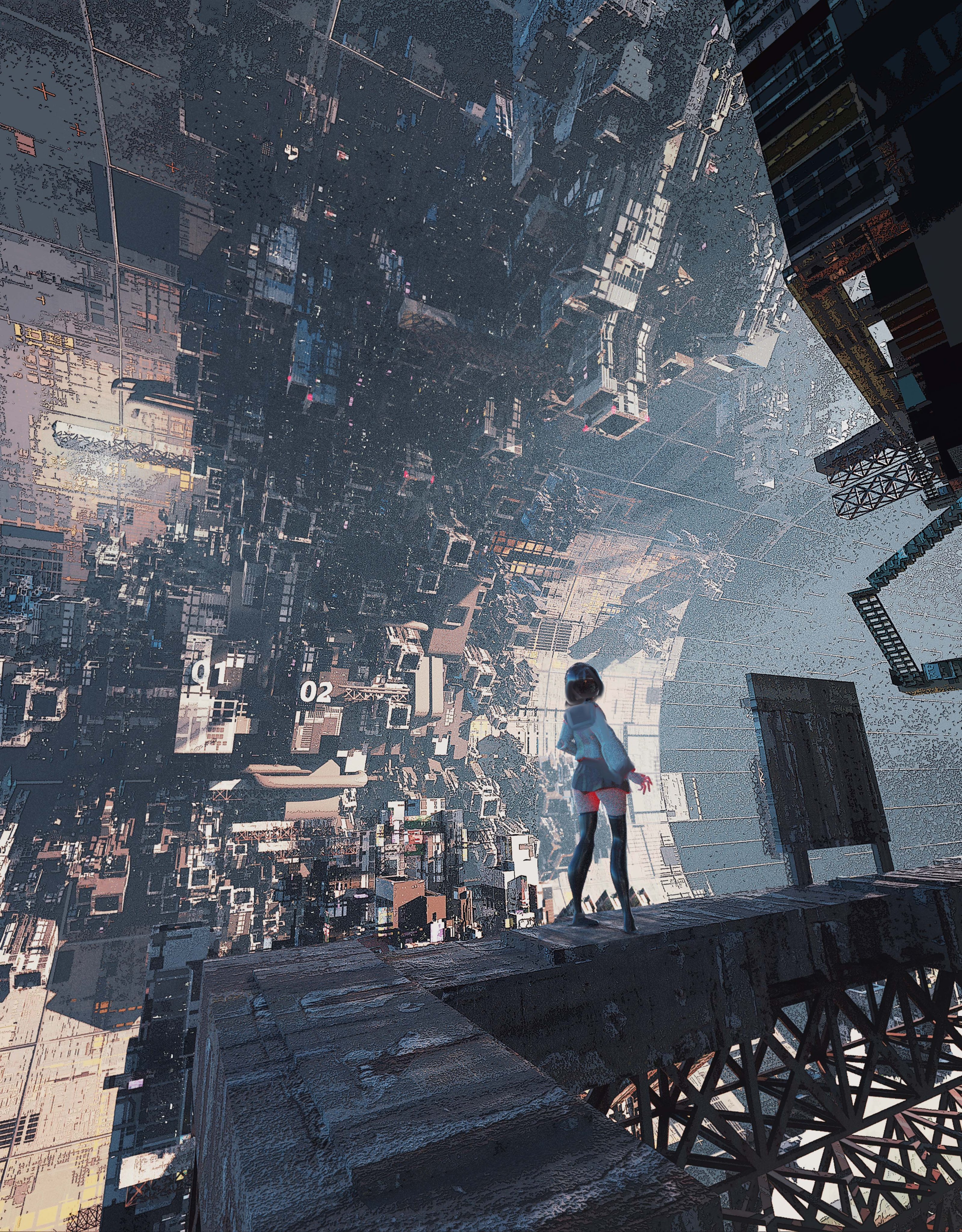 Anime 3197x4096 science fiction futuristic standing cityscape artwork