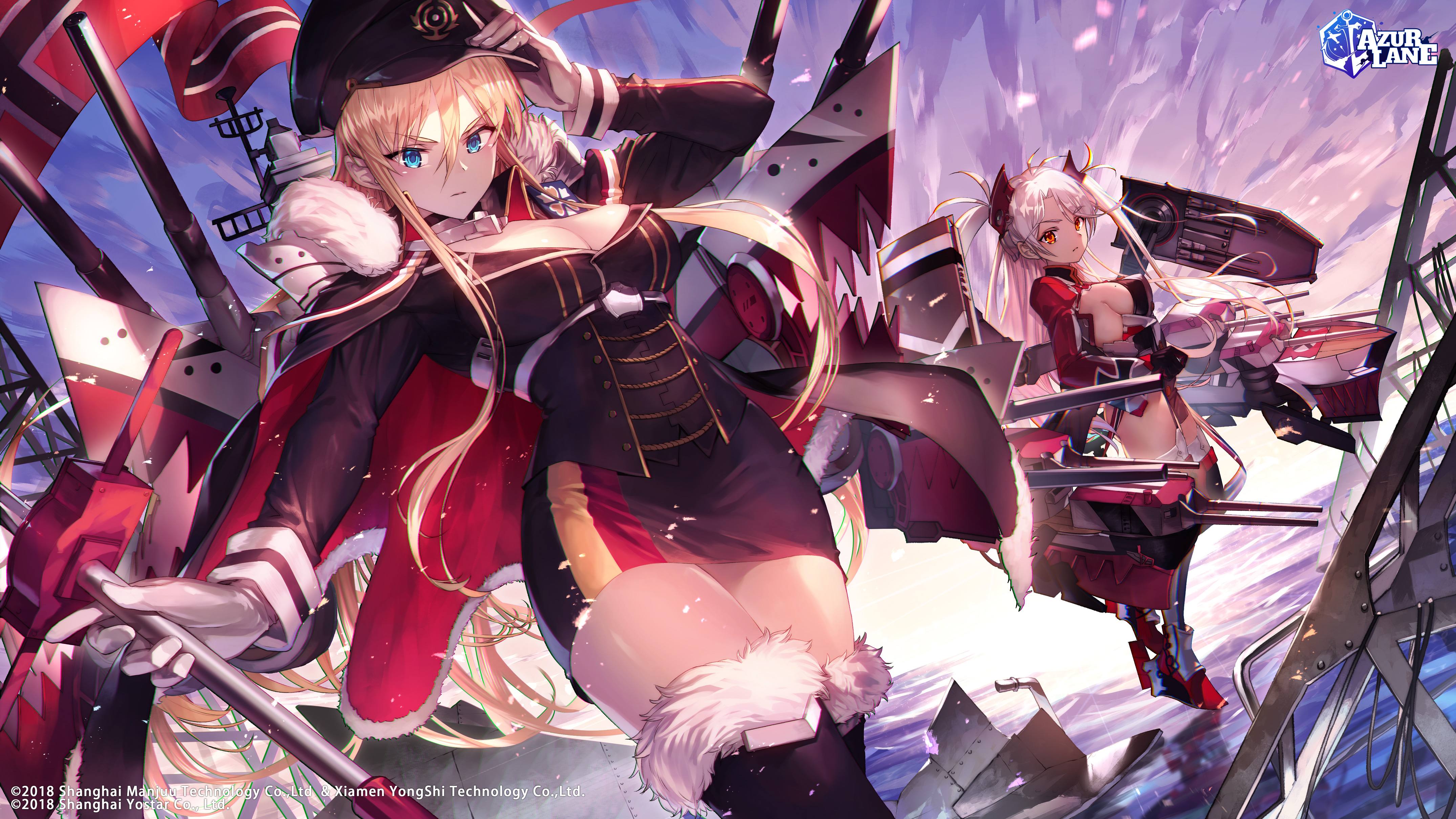 Anime 4301x2419 anime anime girls blonde warship vehicle military angry face curvy thighs long hair blue eyes uniform Bismarck (Azur Lane) Prinz Eugen (Azur Lane) Azur Lane Tayatatsu