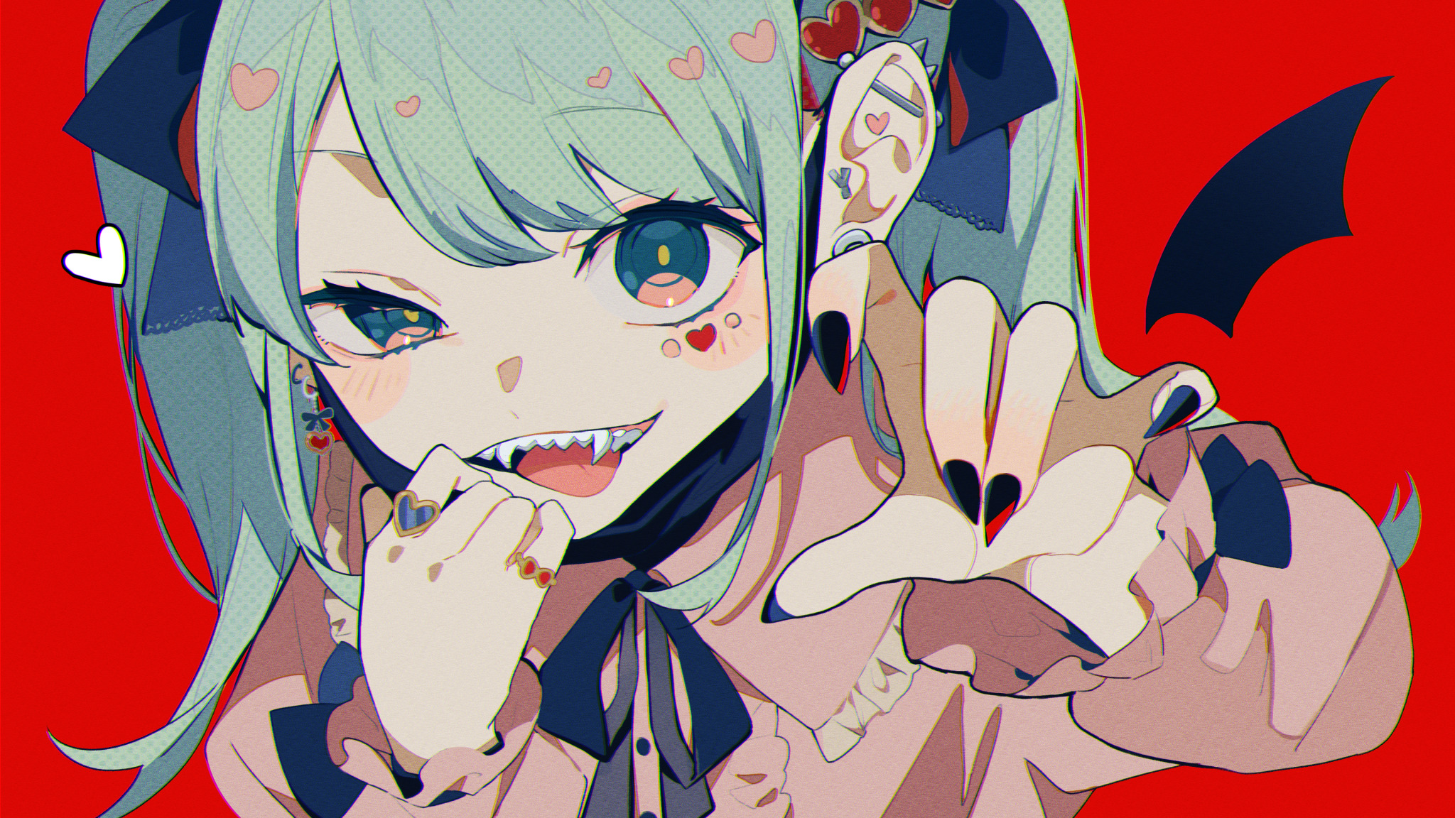 Anime 2048x1152 anime anime girls Omutatsu artwork Vocaloid Hatsune Miku vampires fangs face cyan hair heart (design) painted nails red background simple background closeup blue eyes