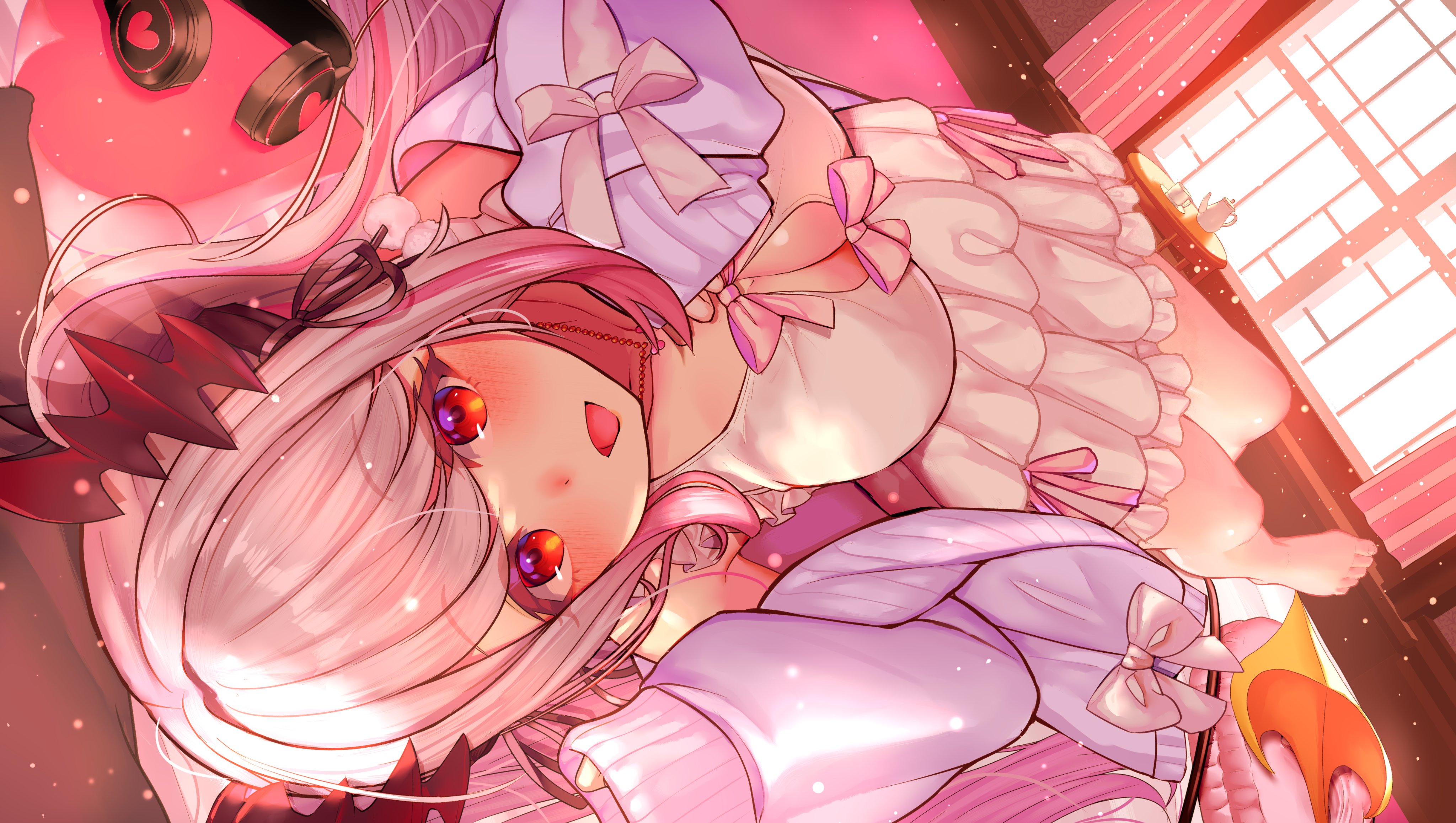 Anime 4096x2315 anime anime girls boobs big boobs huge breasts face closeup open mouth red eyes headphones heart (design) dress barefoot lying on back women indoors Suou Patra (Honey Strap)