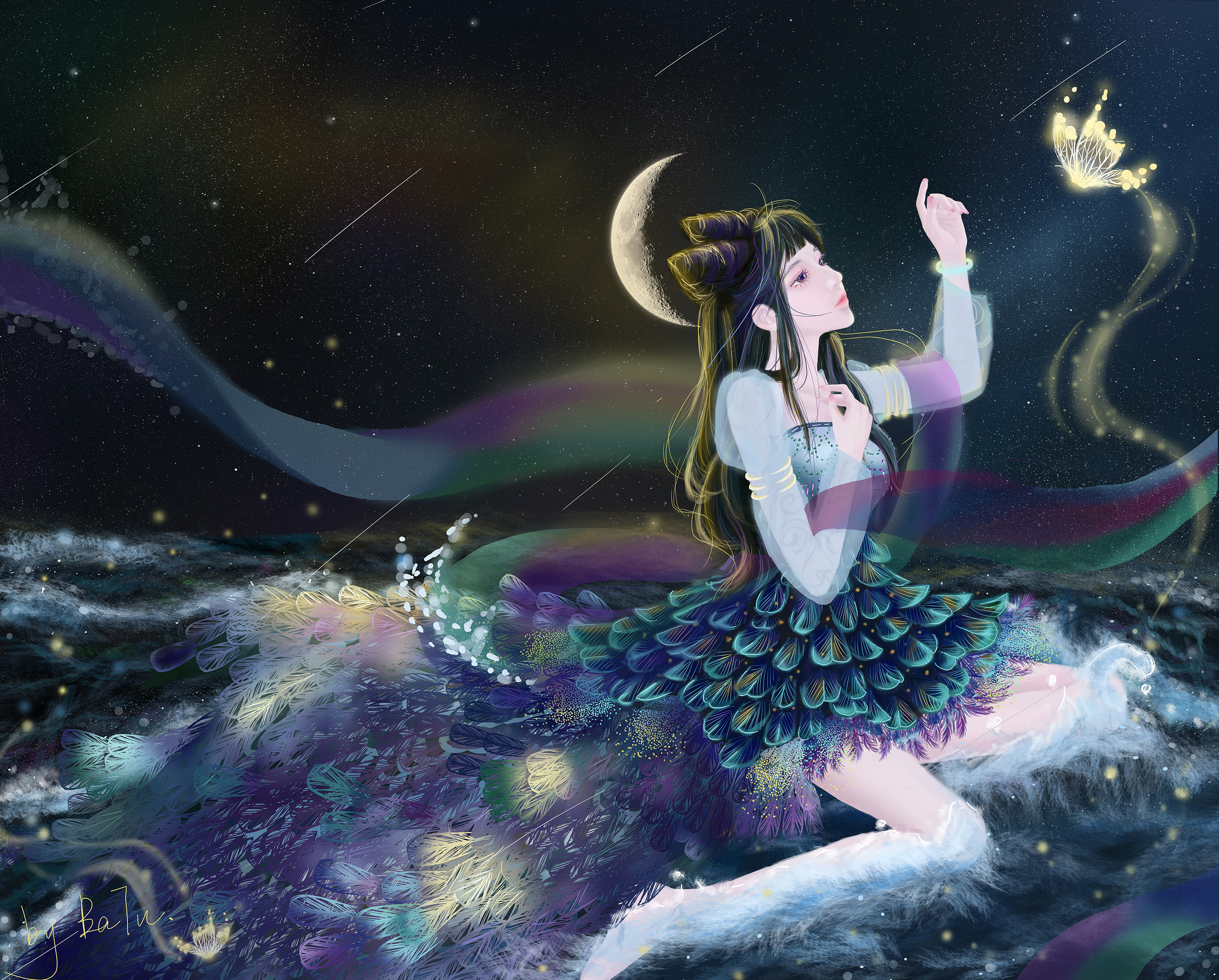 General 2686x2160 women sea foam butterfly silk moon phases starry night digital art watermarked