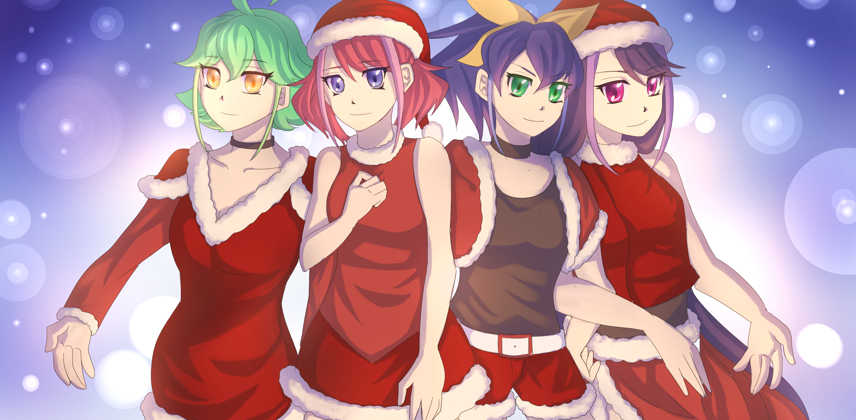 Anime 2755x1354 artwork digital art fan art Christmas Christmas clothes christmas dress Yu-Gi-Oh! Yu-Gi-Oh! ARC-V Hiiragi Yuzu Kurosaki Ruri Rin (Yu-Gi-Oh) Serena (Yu-Gi-Oh) twintails long hair ahoge ponytail