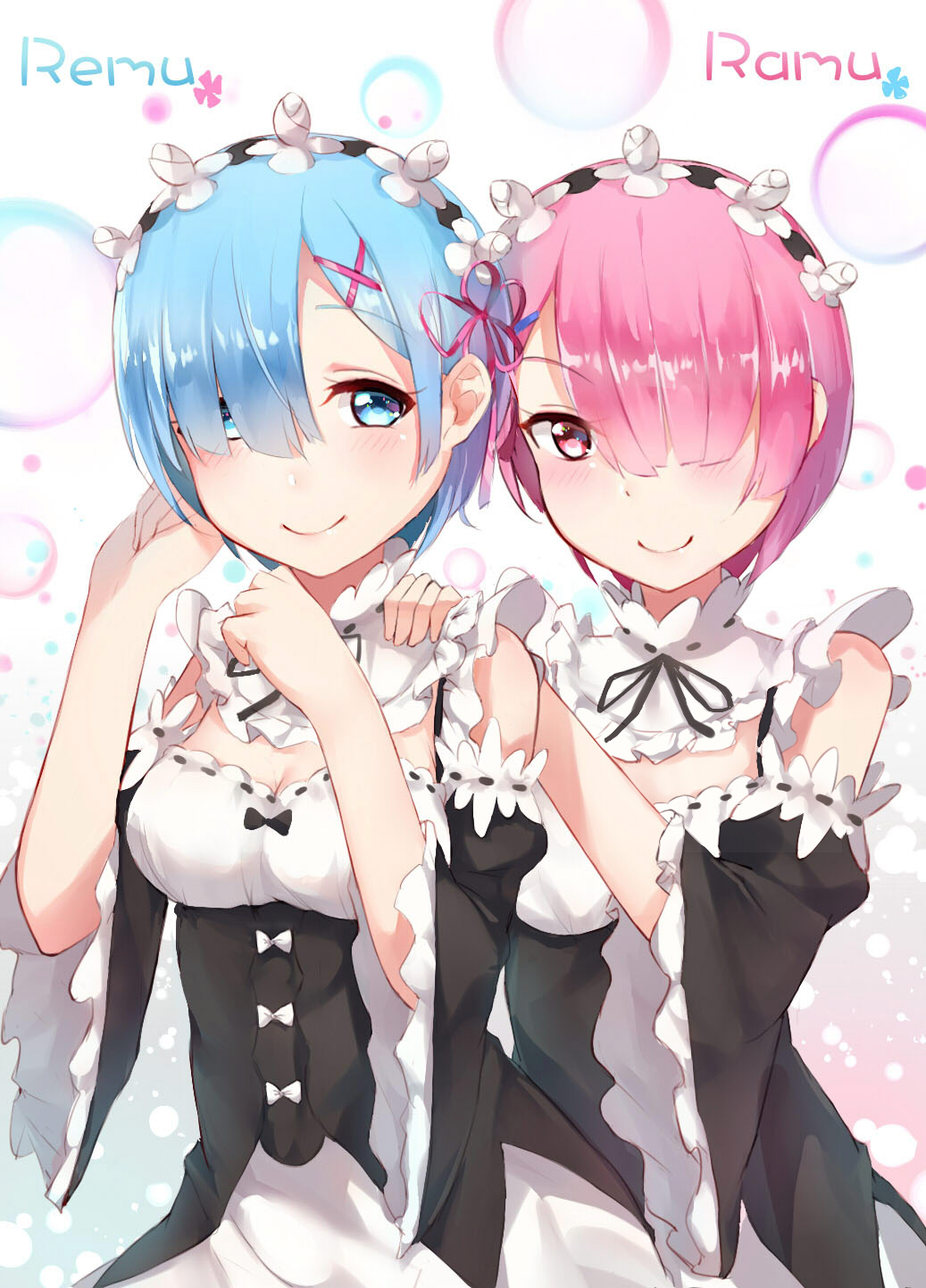 Anime 1037x1443 Rem (Re:Zero) Ram (Re: Zero) Re:Zero Kara Hajimeru Isekai Seikatsu anime anime girls twins blue hair pink hair maid maid outfit