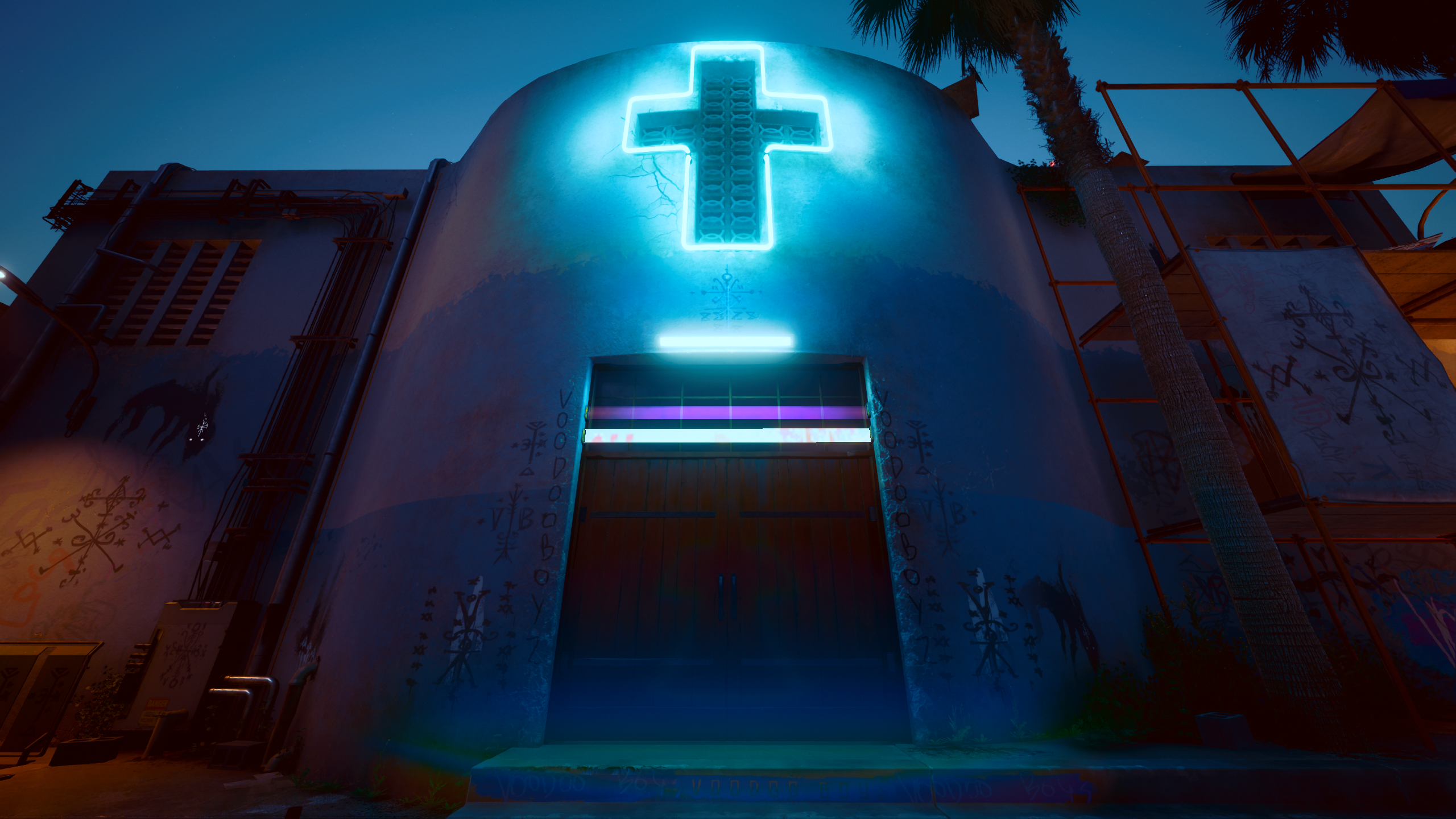 General 2560x1440 video games building cross Cyberpunk 2077 CD Projekt RED doorways video game art screen shot neon CGI door palm trees night
