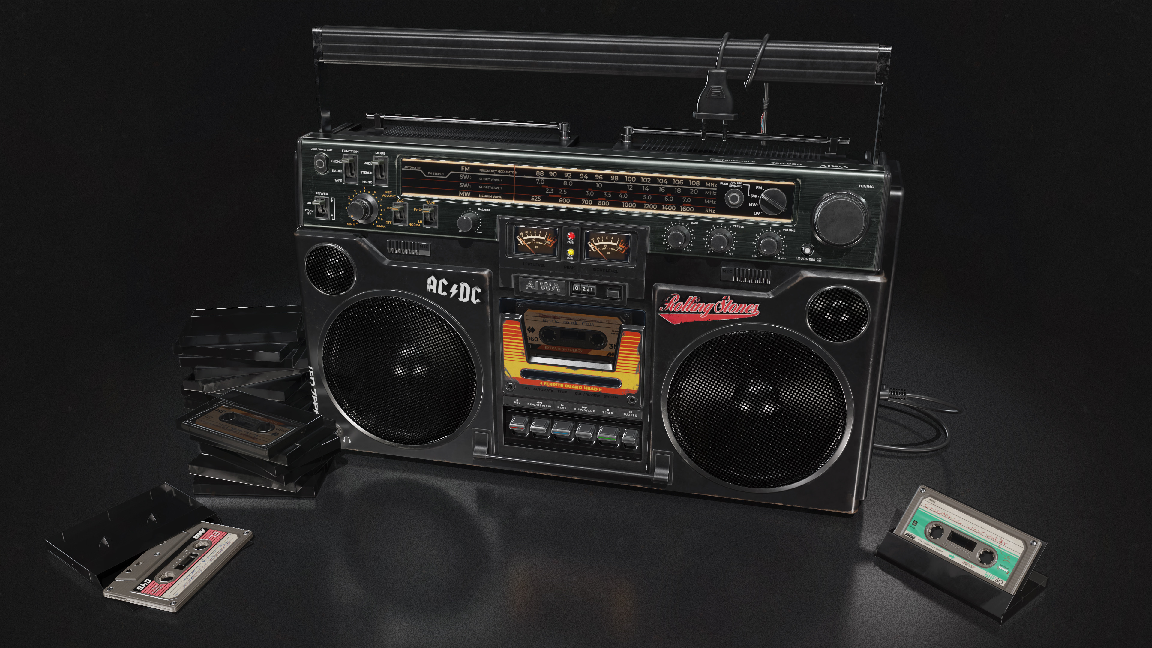General 3840x2160 Miroslav Baev radio 1980s technology boombox digital art ArtStation cassette CGI retro style vintage stereos