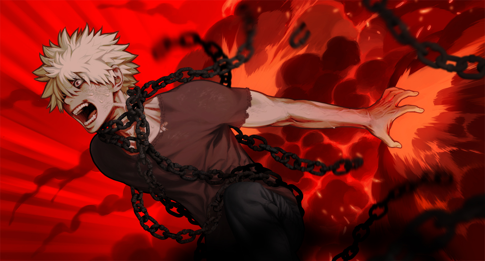 Anime 1575x848 Boku no Hero Academia Katsuki Bakugou chains red explosion