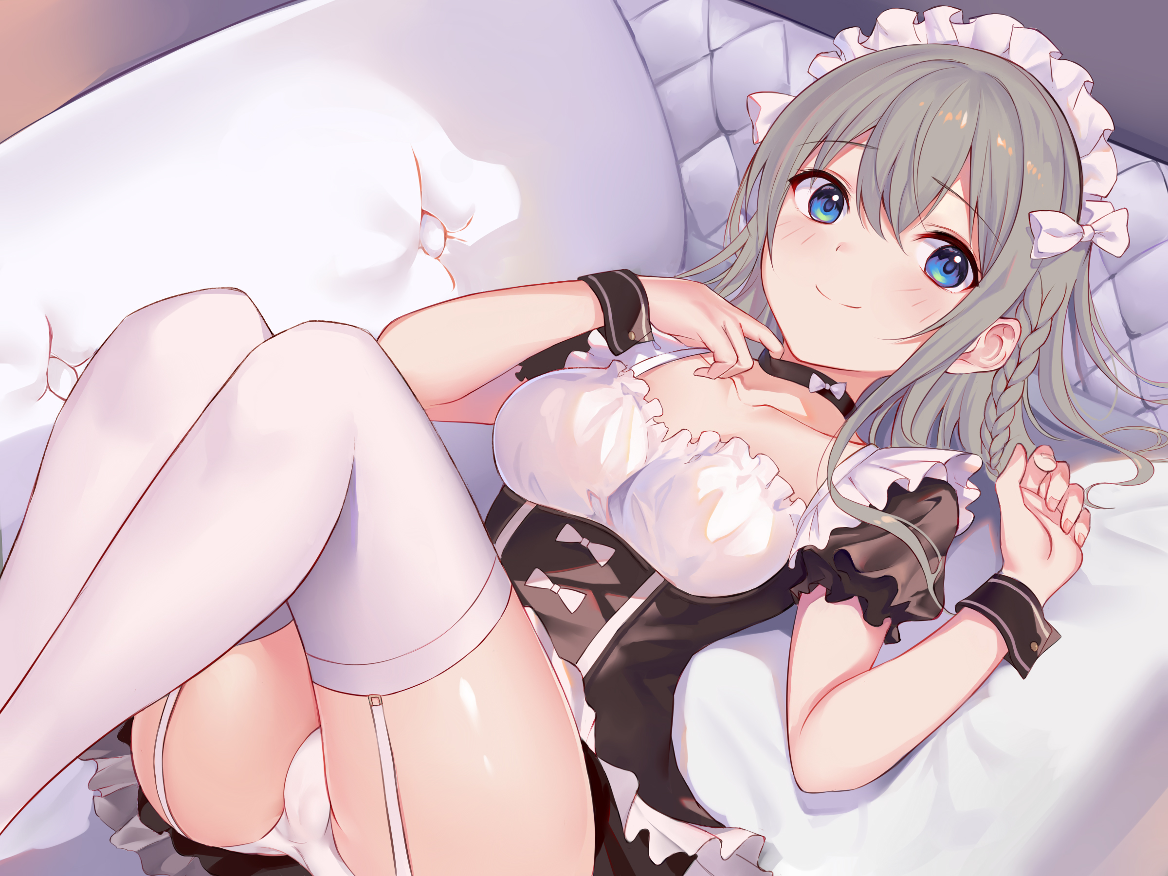 Anime 2400x1800 Nagiha Kuten anime anime girls maid outfit lying on back cameltoe blue eyes gray hair panties thigh-highs