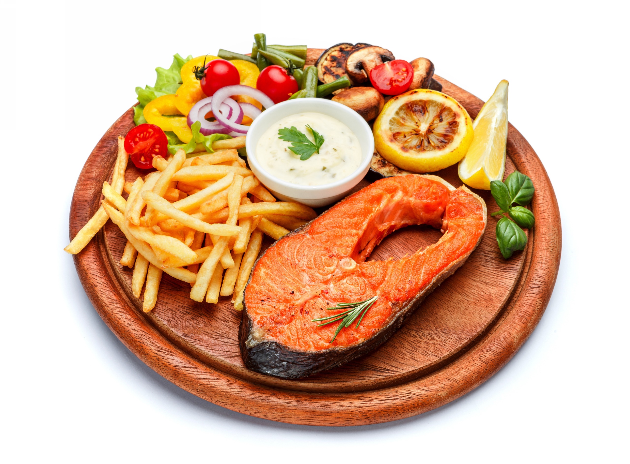 General 2560x1887 food fries fish simple background white background vegetables tomatoes onion lemons beans mushroom plates