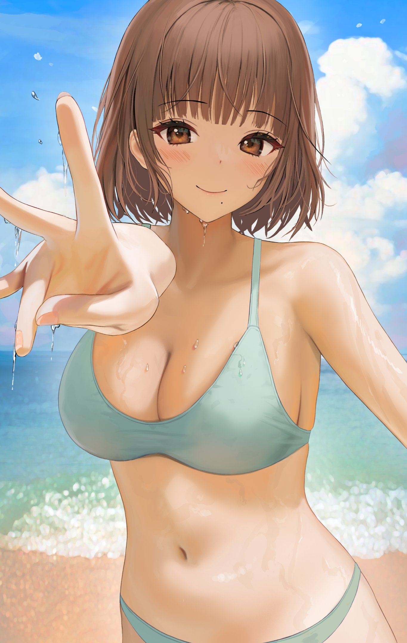 Anime 1365x2159 anime girls original characters Tokkihouse bikini smiling cleavage brown eyes brunette short hair beach wet