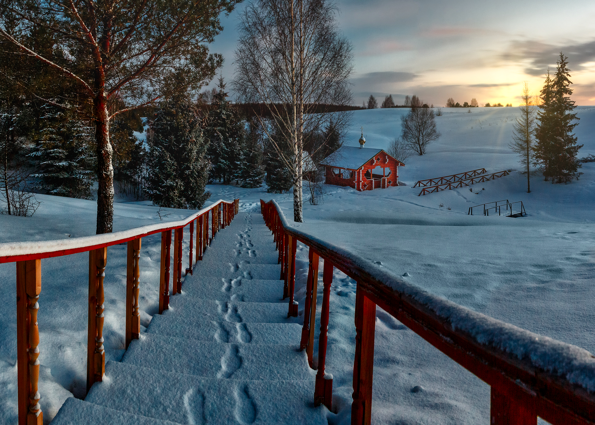 General 1920x1372 snow path cabin Sun sunset trees snow covered steps outdoors photography winter nature footprints