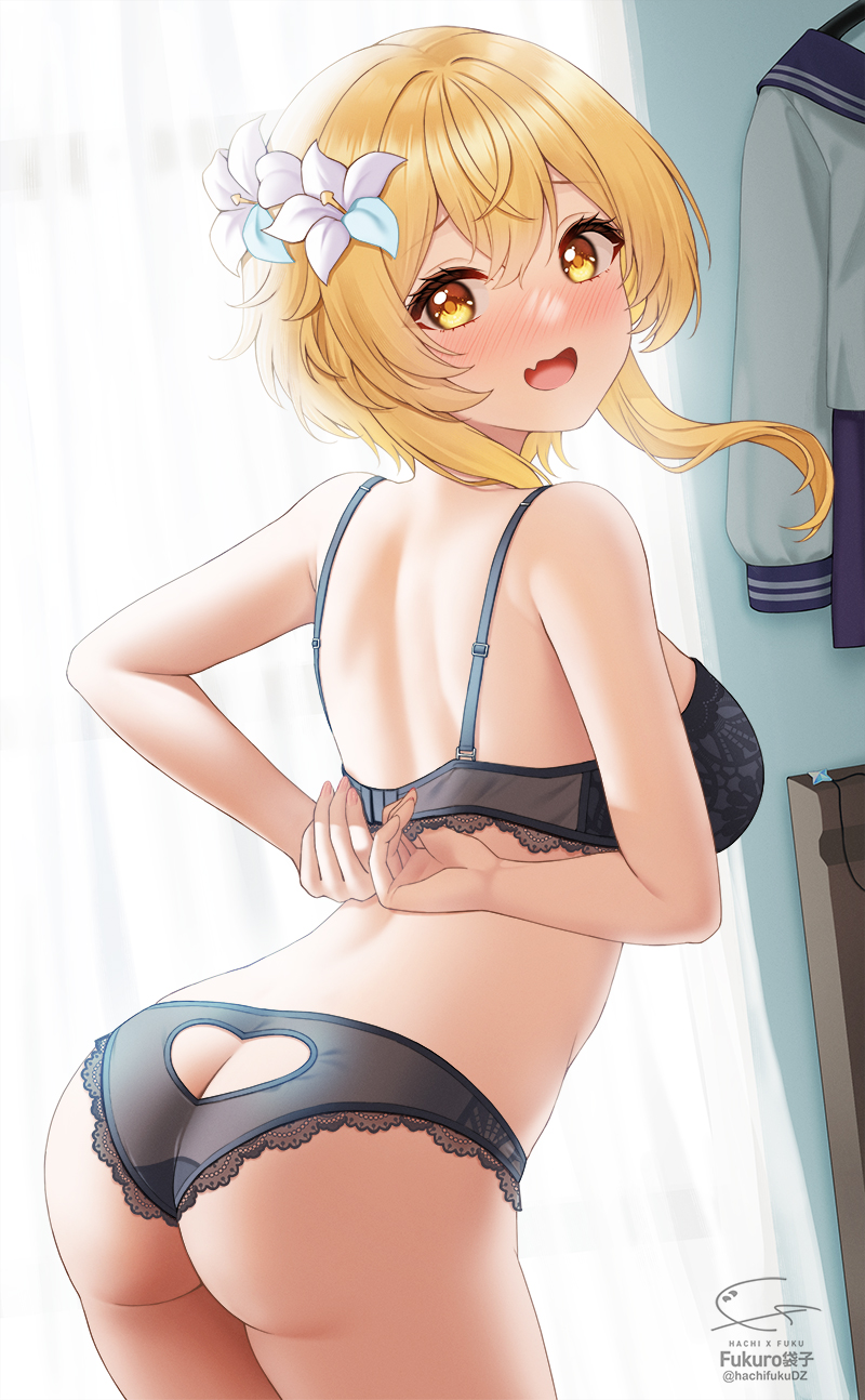 Anime 800x1294 anime anime girls Fukuro Ko artwork Genshin Impact Lumine (Genshin Impact) blonde blushing underwear ass