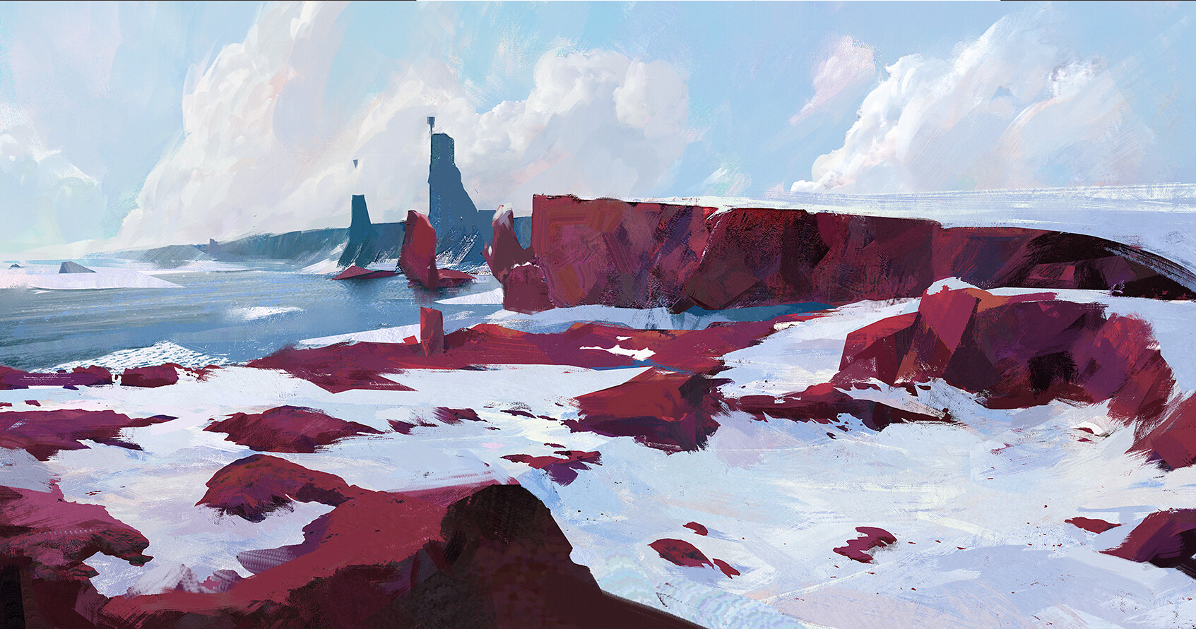 General 1693x891 Liang Mark digital art fantasy art clouds red snow cliff ocean view
