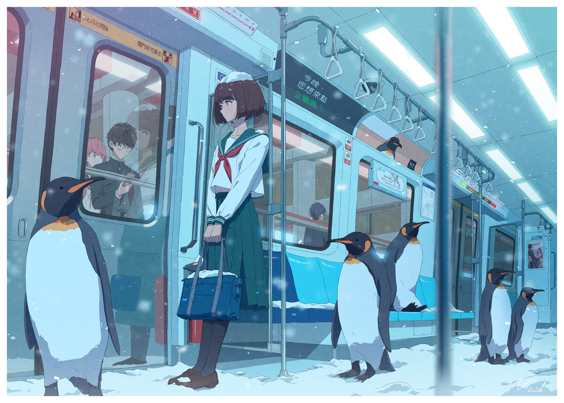 Anime 2300x1643 anime anime girls Vivid Shih penguins subway brunette short hair snow bag sailor uniform school uniform