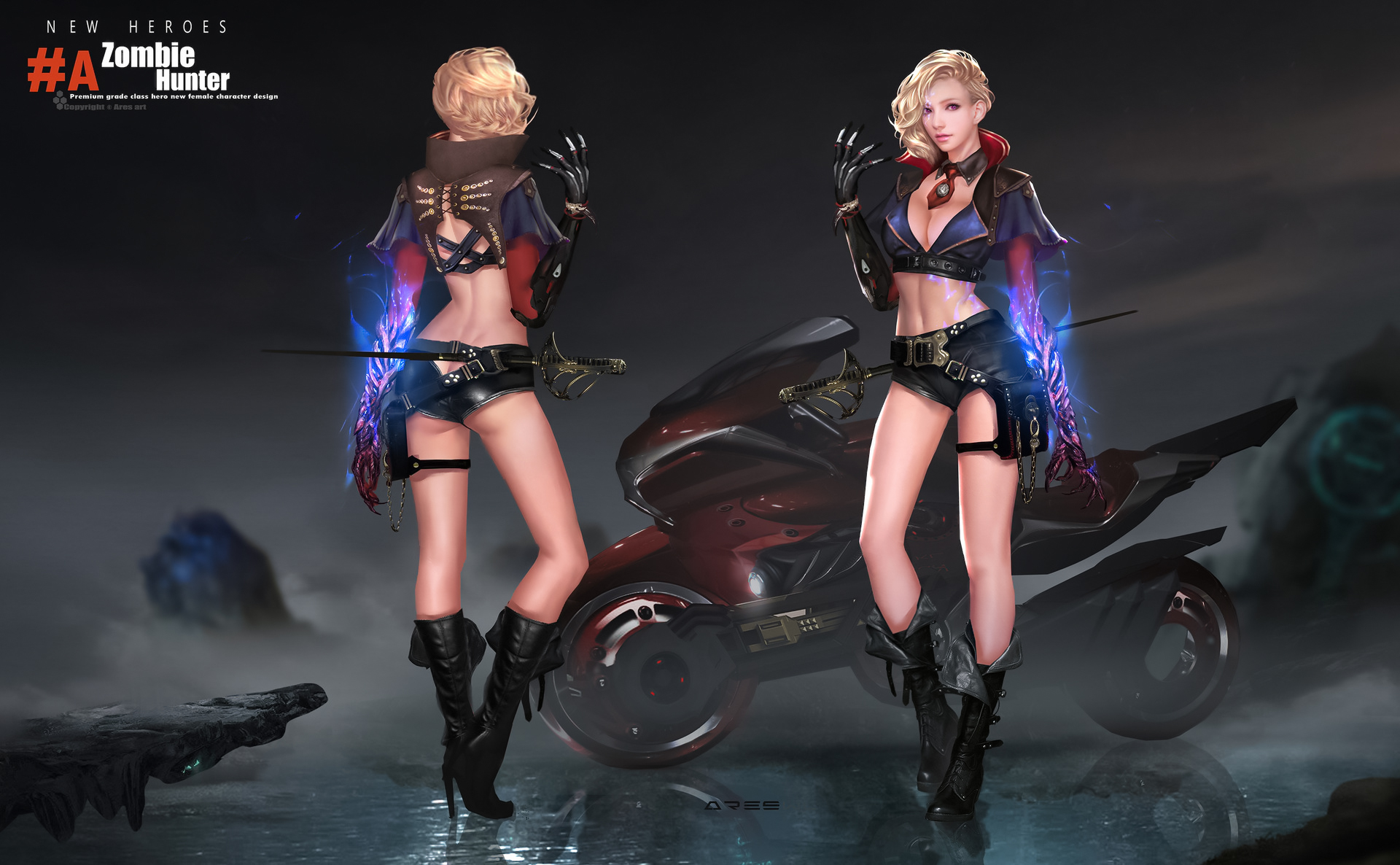 General 1920x1186 Ares (artist) drawing women blonde short hair shorts boots skimpy clothes motorcycle concept art digital art