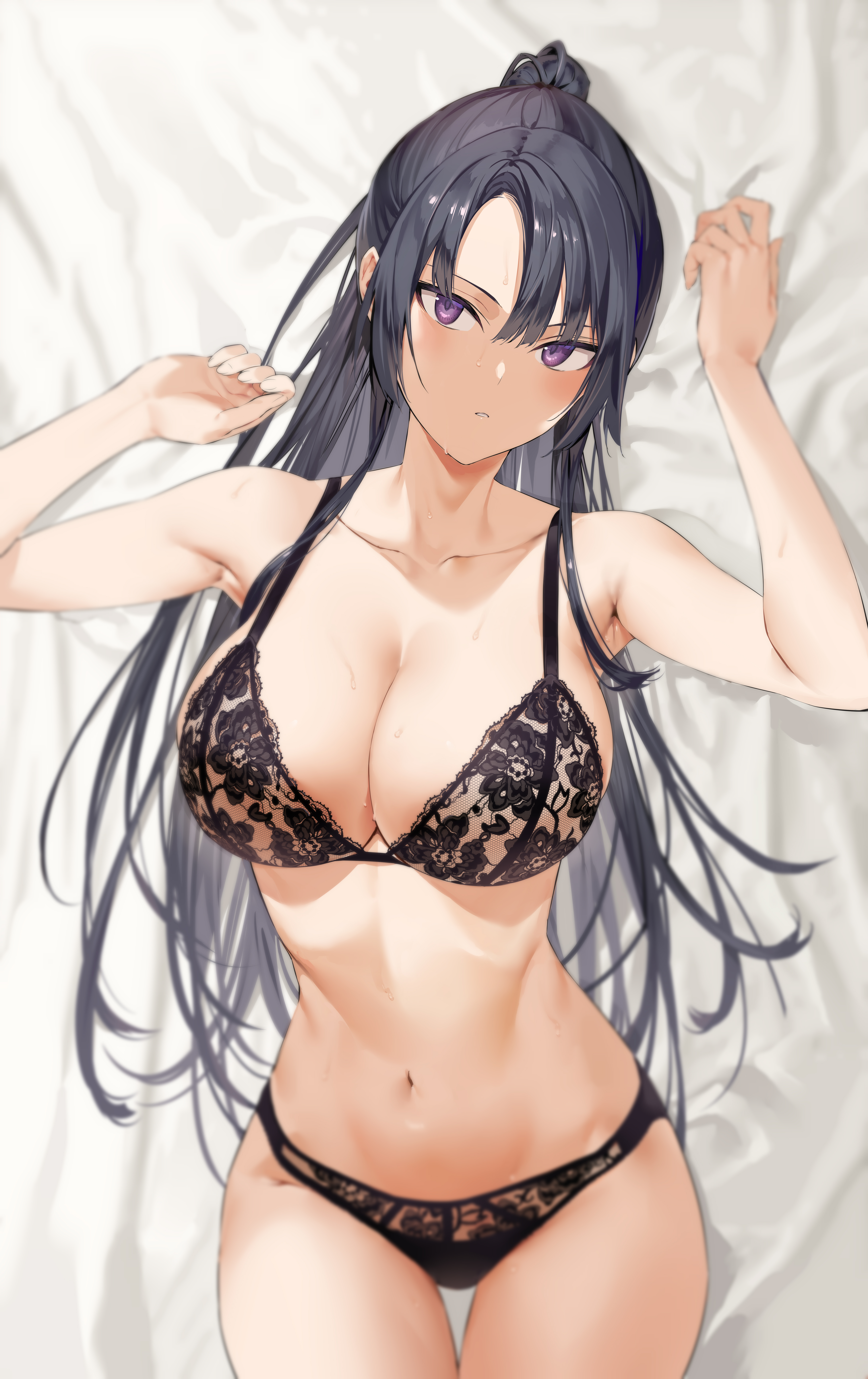 Anime 4760x7560 anime anime girls cleavage big boobs underwear lingerie belly in bed dark hair purple eyes artwork Hiiragi Yuuichi